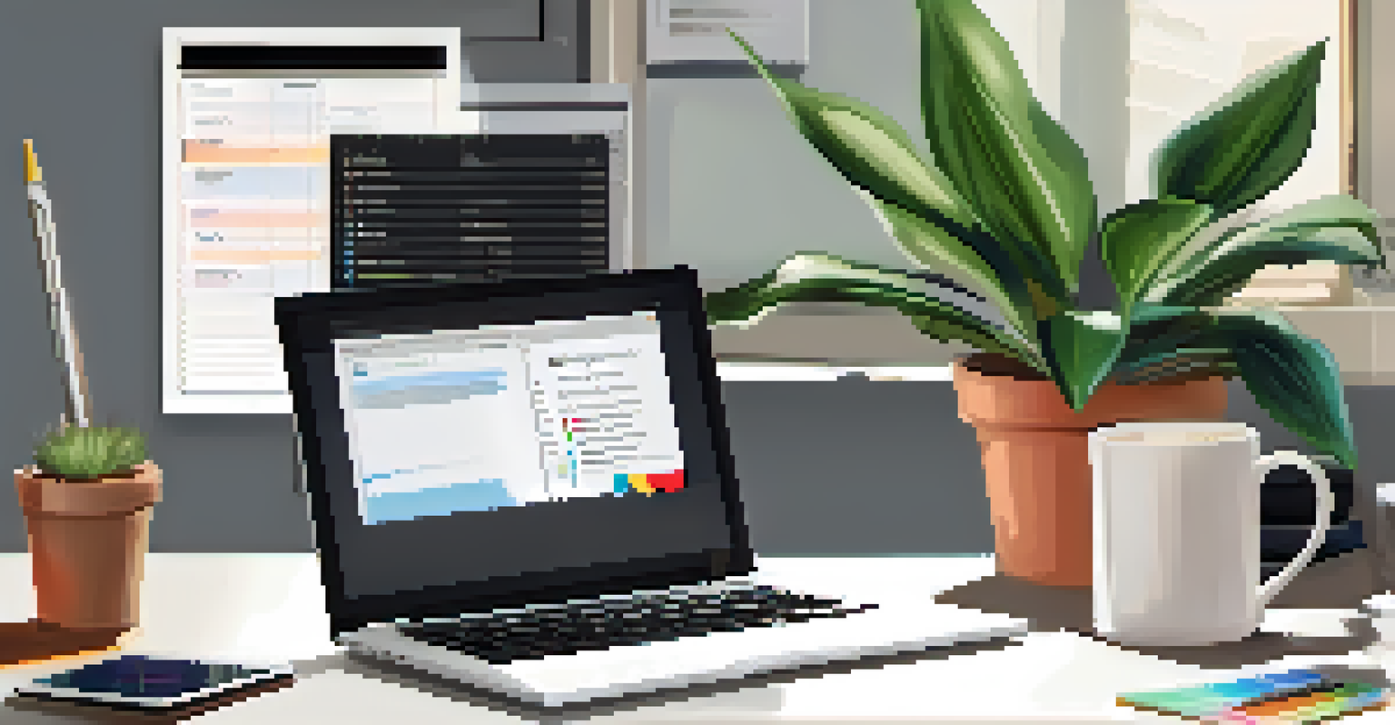 An organized workspace with a laptop running tax software, a notepad, a smartphone, and a potted plant.