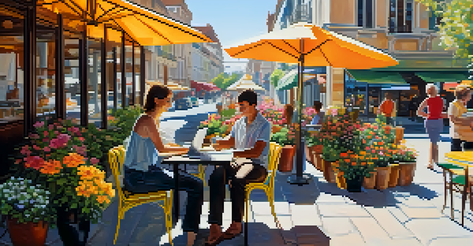 A freelancer working on a laptop at a café terrace surrounded by colorful flowers and chairs, with a lively street in the background.