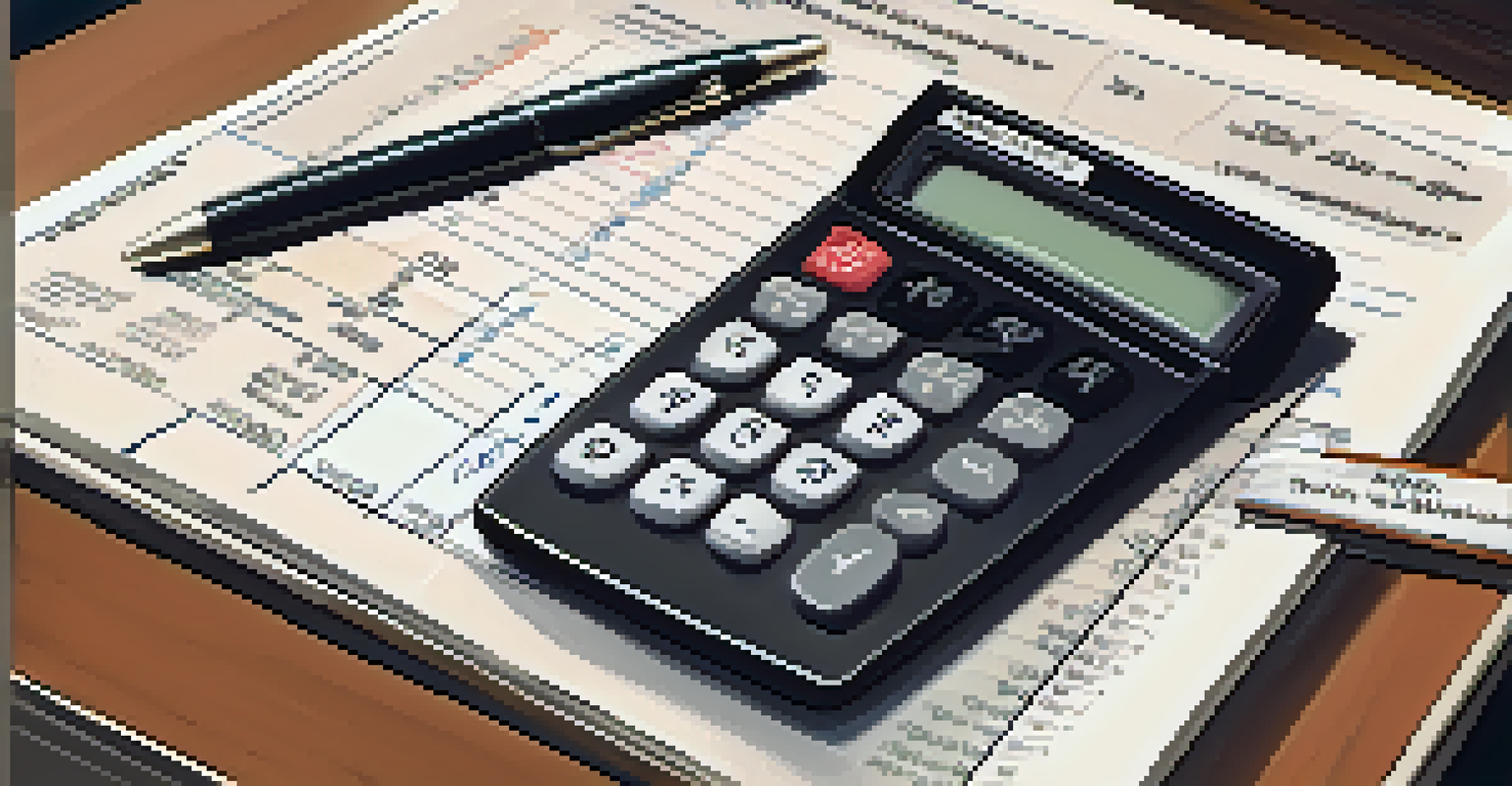 A close-up of a hand with a calculator and pen, surrounded by financial notes, receipts, and a laptop.