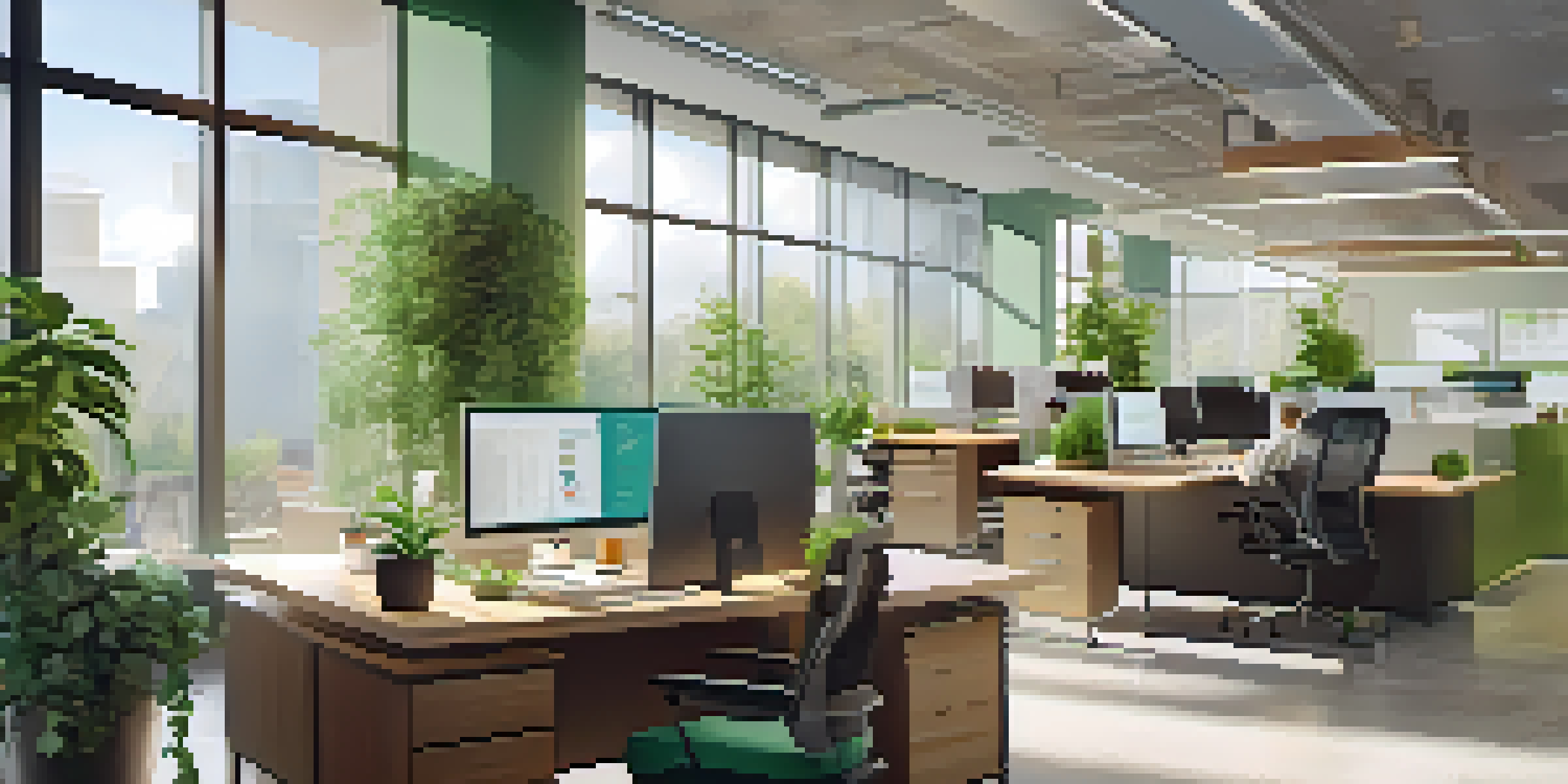 An open office space with modern desks, plants, and employees discussing financial documents, illuminated by natural light.