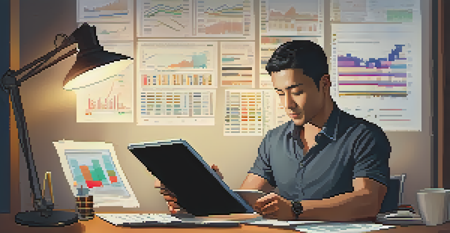 An individual reviewing financial records on a tablet in a dimly lit room, with charts and graphs on a desk.