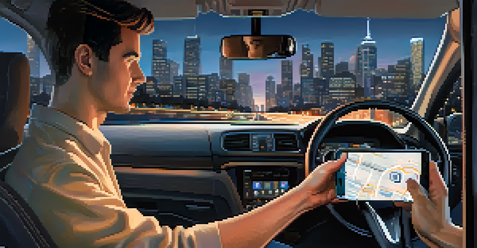 A rideshare driver using a smartphone in a clean car, with a city skyline visible outside the window at dusk.