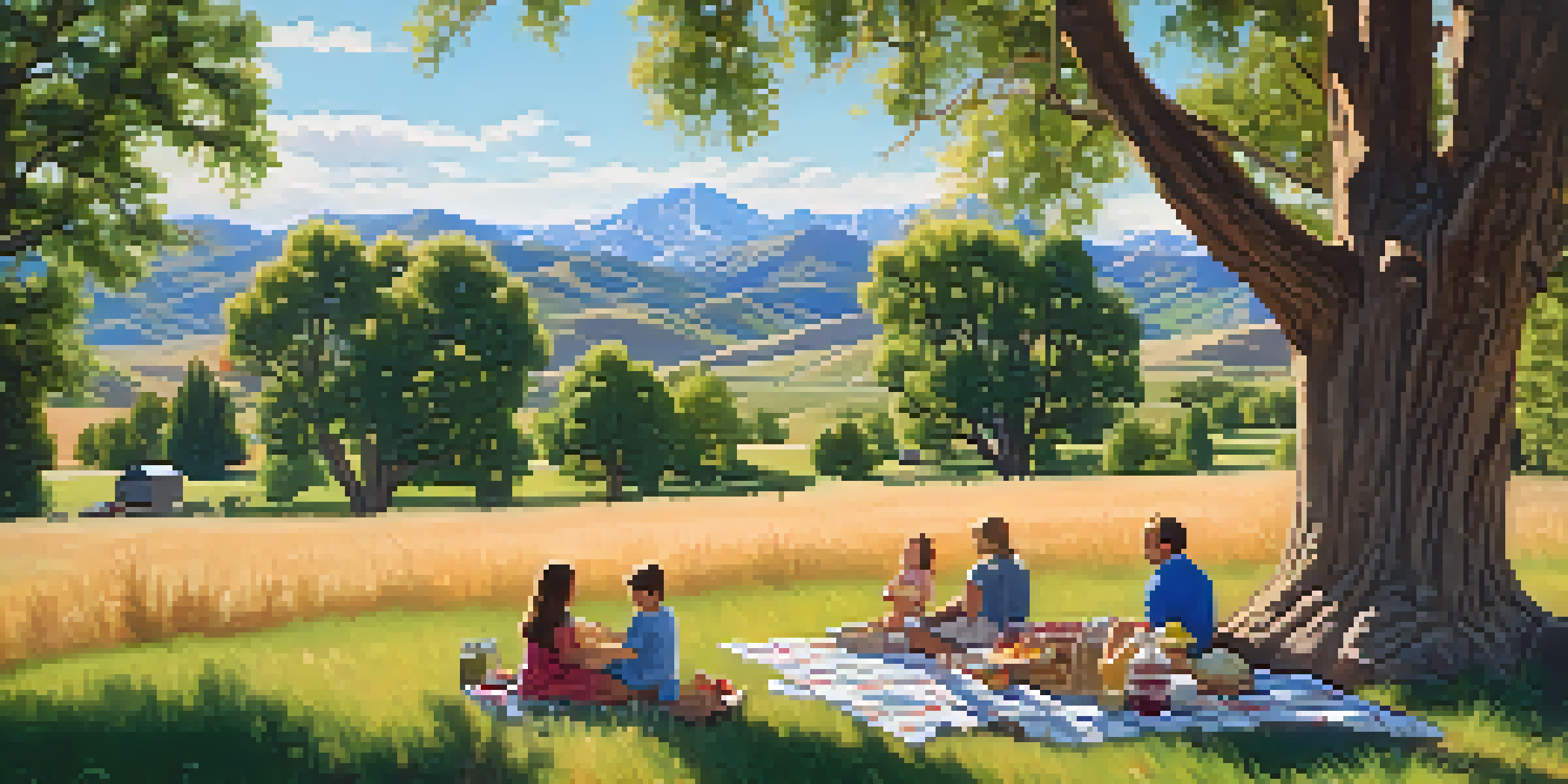A picturesque Colorado landscape with a family having a picnic under a tree, children playing, and mountains in the background.