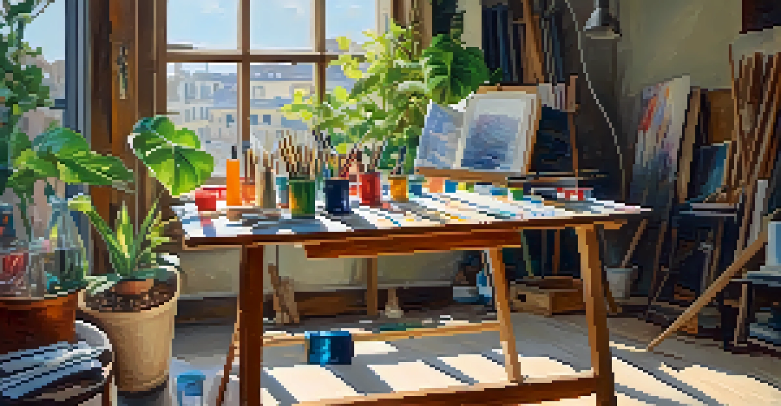 An artist's workspace with paint tubes, brushes, and a canvas, illuminated by natural light.