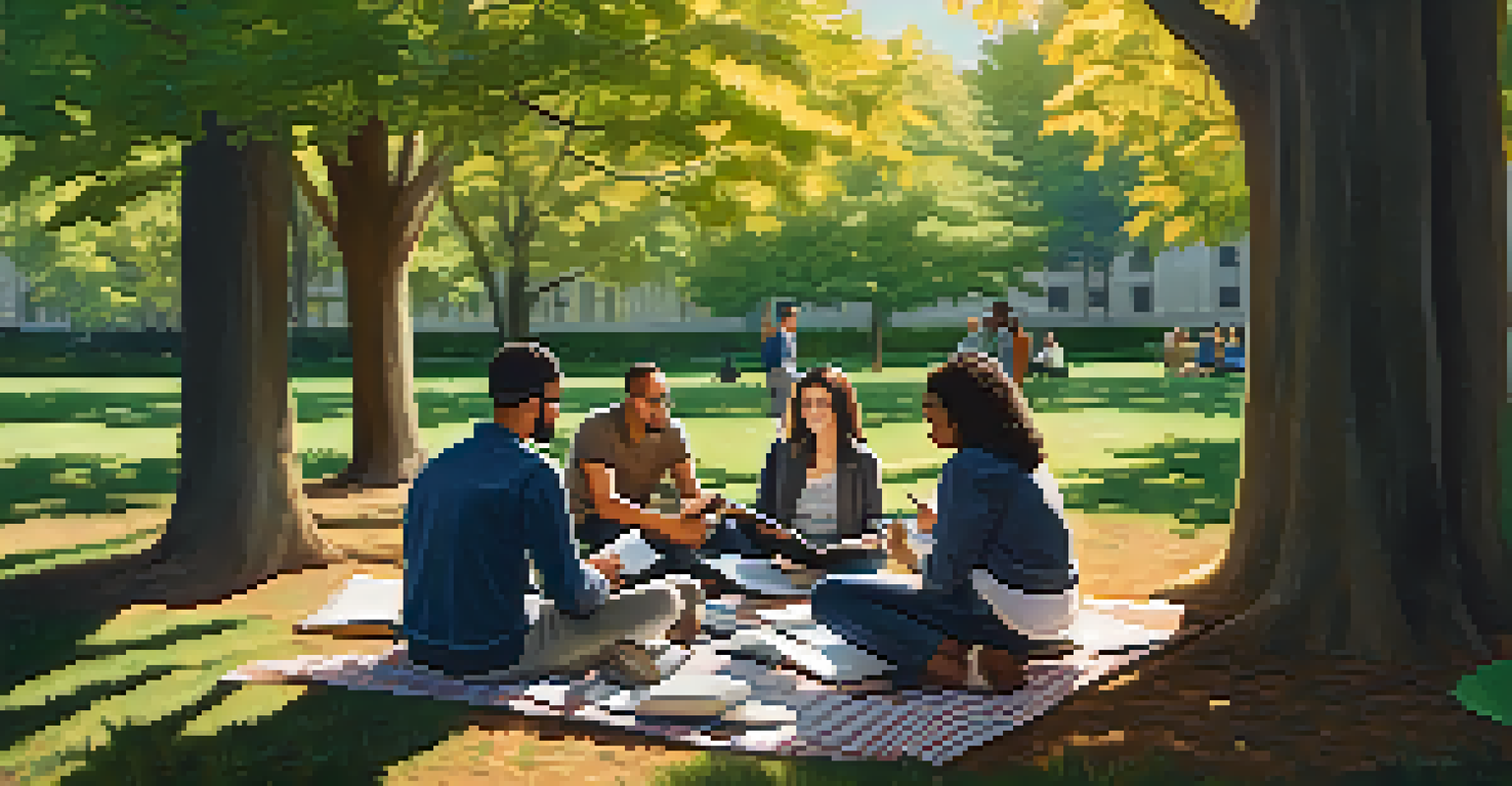 A diverse group of people sitting on a picnic blanket in a park, discussing investments with laptops and notebooks. Trees and sunlight create a warm, inviting environment.