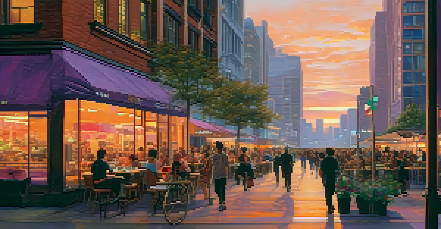 A vibrant urban street at sunset with people enjoying outdoor cafes and colorful buildings.
