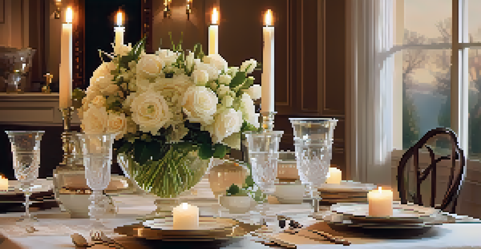 A beautifully set dining table with fine china, silverware, and a floral centerpiece, illuminated by candlelight and a cozy fireplace.