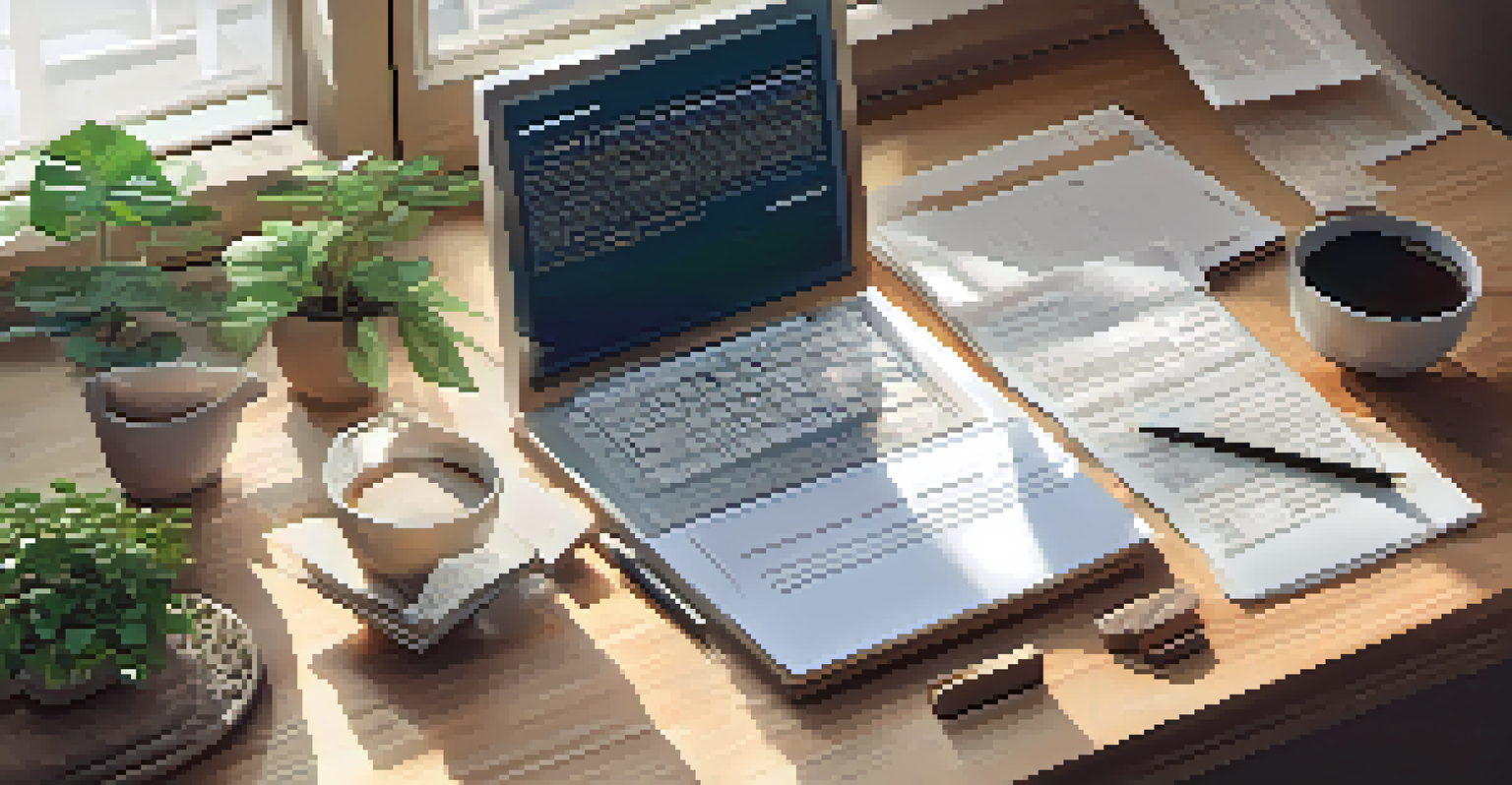 A flat lay of financial documents, a calculator, and a laptop on a wooden desk with a cup of coffee and a potted plant.