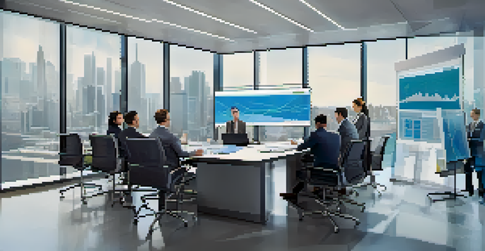A diverse group of professionals in a bright office discussing international taxation, with digital graphs on a screen.