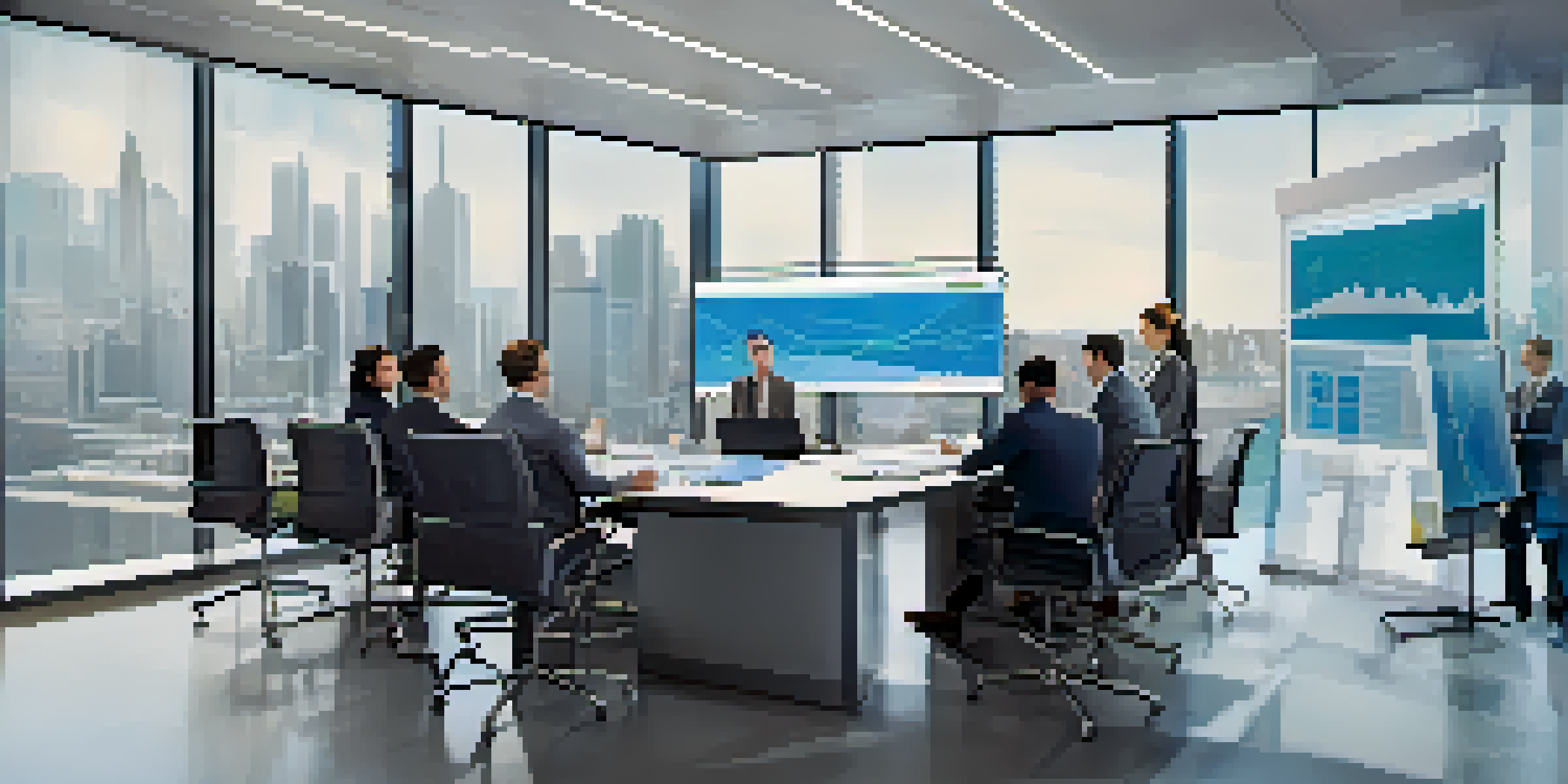 A diverse group of professionals in a bright office discussing international taxation, with digital graphs on a screen.