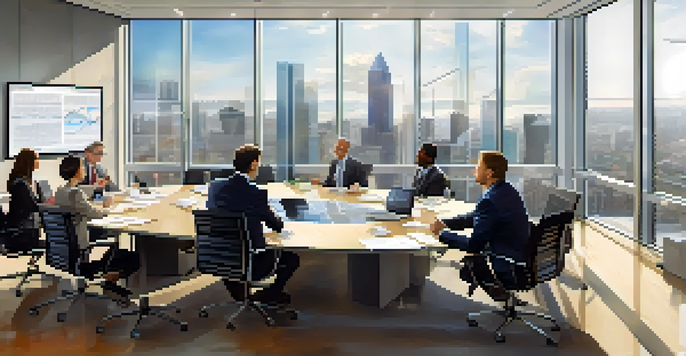 A group of diverse tax professionals in a modern office discussing tax laws around a conference table.