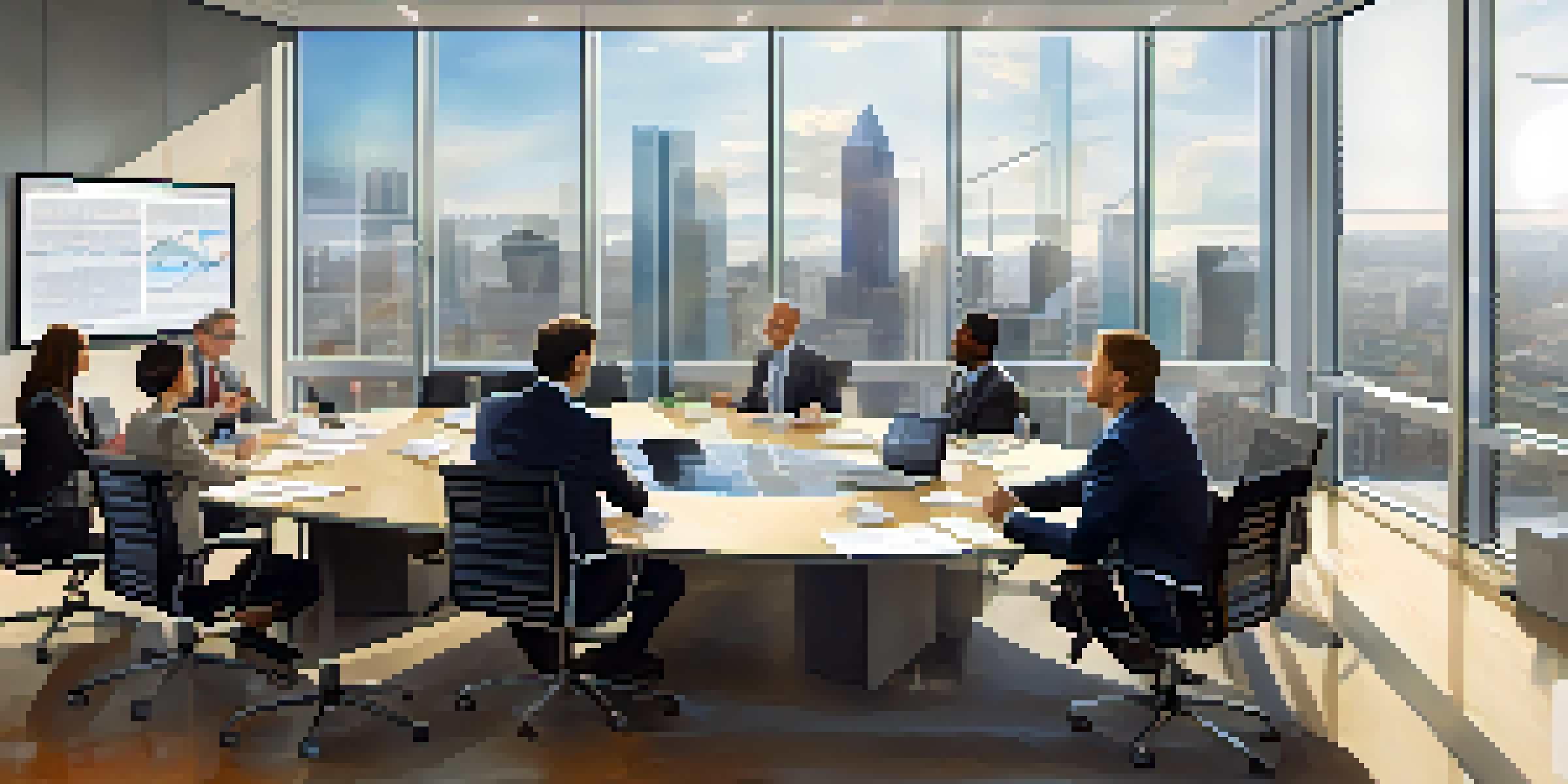 A group of diverse tax professionals in a modern office discussing tax laws around a conference table.