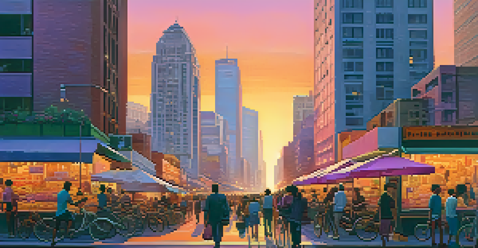 A city skyline at sunset with colorful skyscrapers and a busy street filled with people.