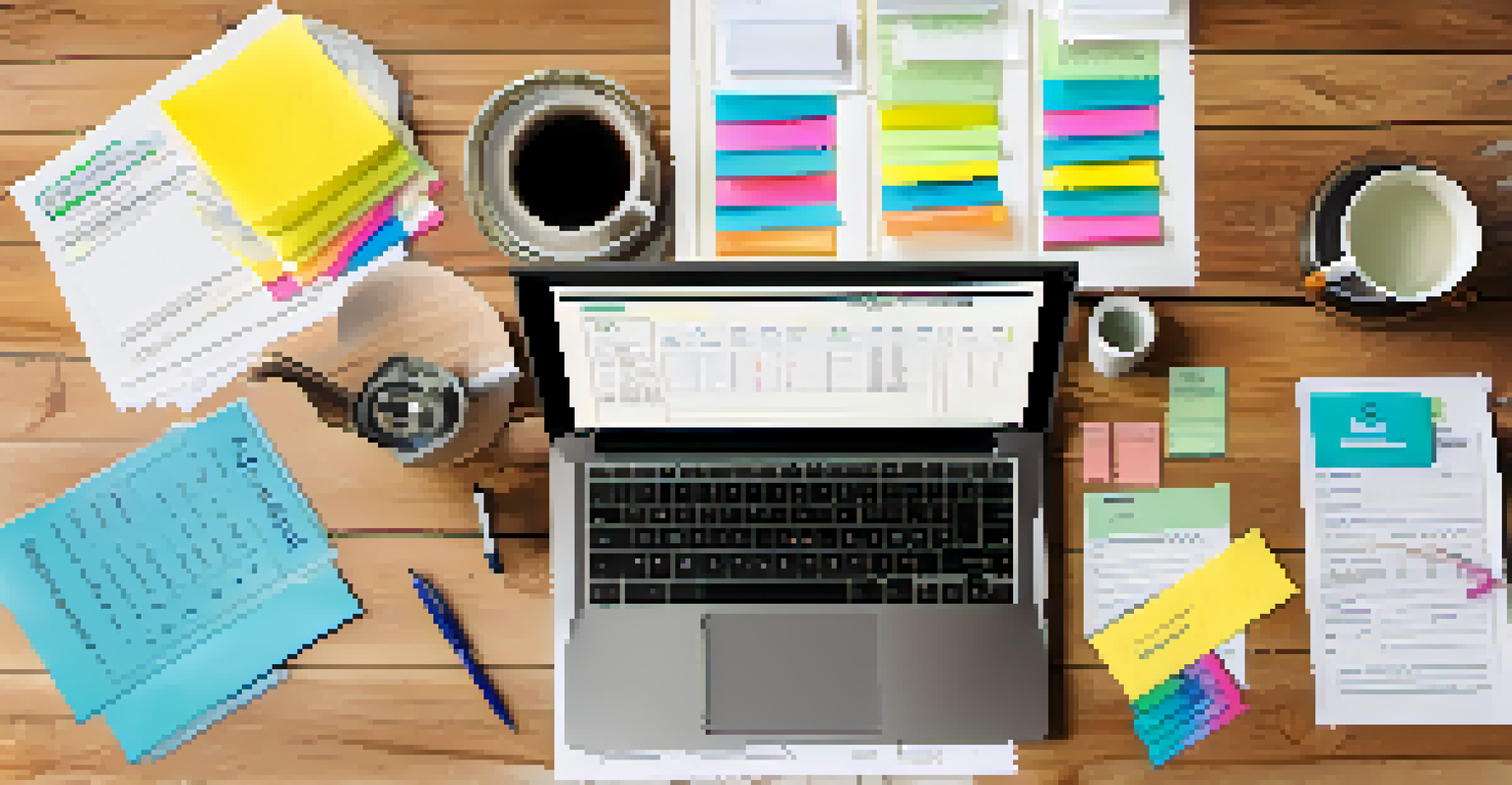 A flat lay of tax documents, a laptop, a calculator, and a cup of tea on a wooden table.