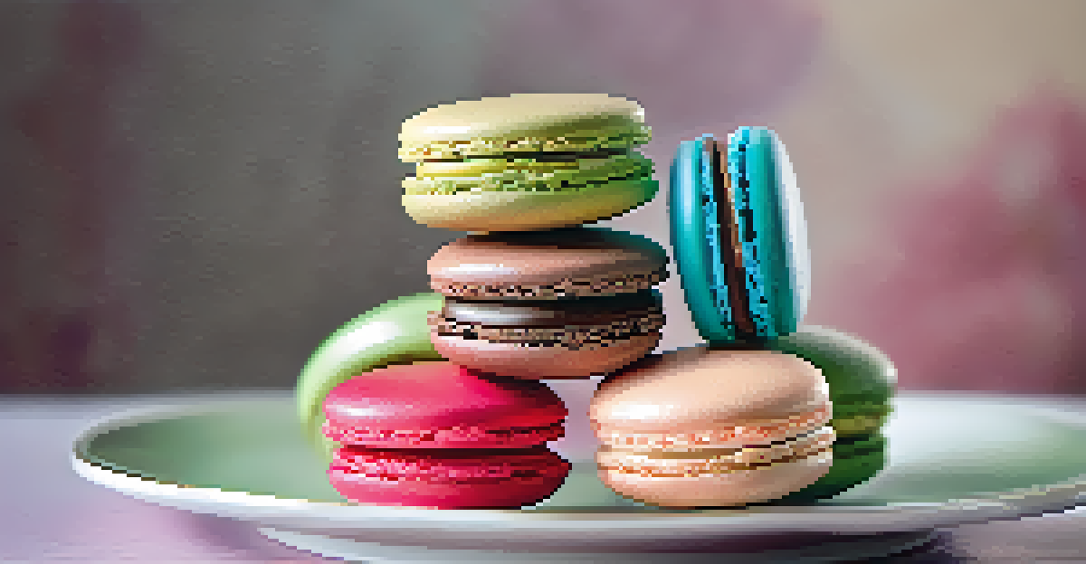 A close-up of colorful macarons on a porcelain plate, highlighting their glossy finish and variety of flavors.