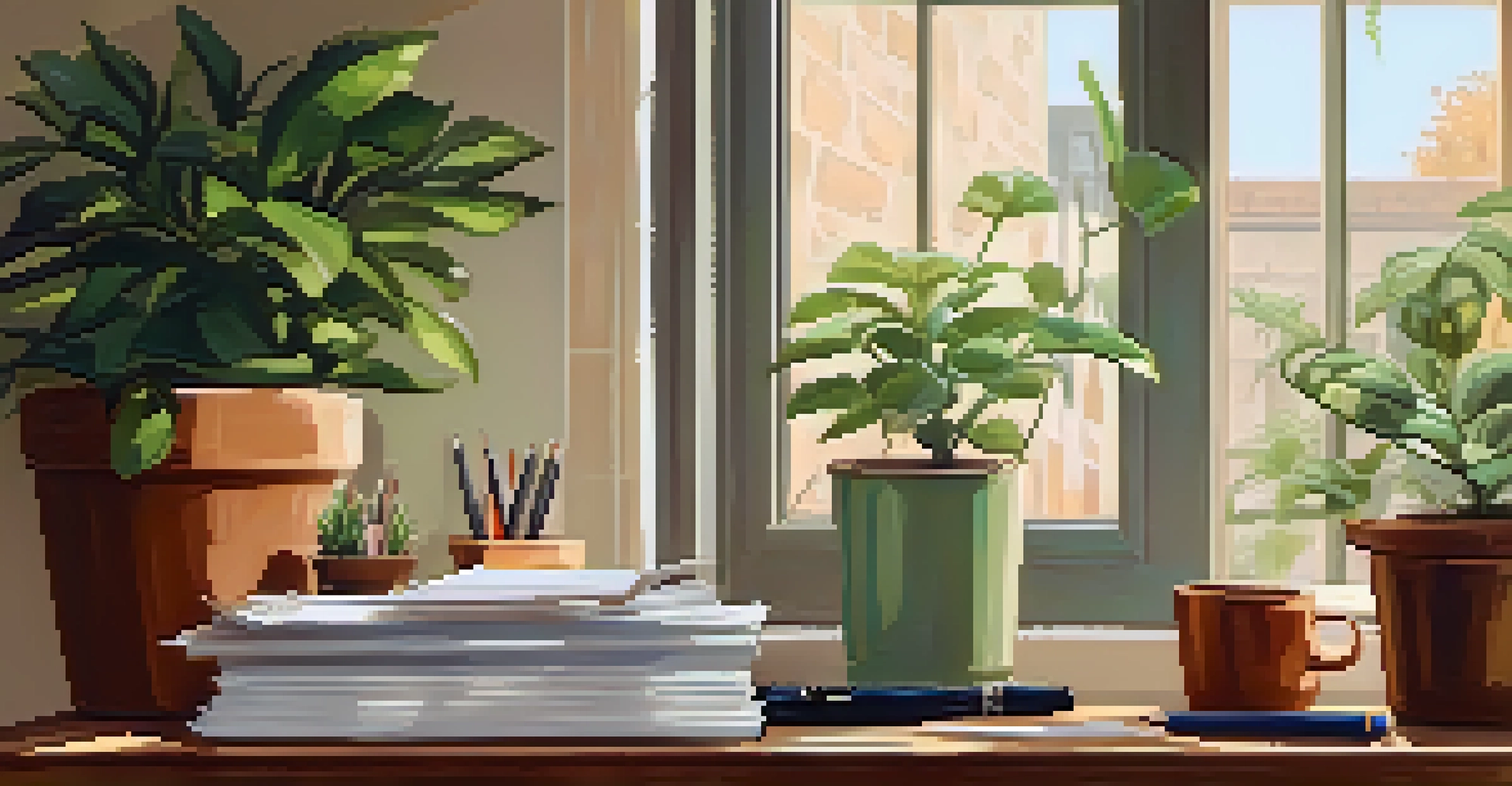 An organized workspace with tax forms, a pen, and a notepad, set against a background of a potted plant and a window.