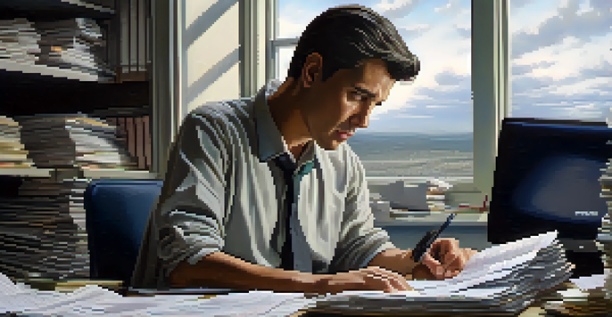 A worried person at a desk surrounded by tax documents and a laptop, looking concerned.