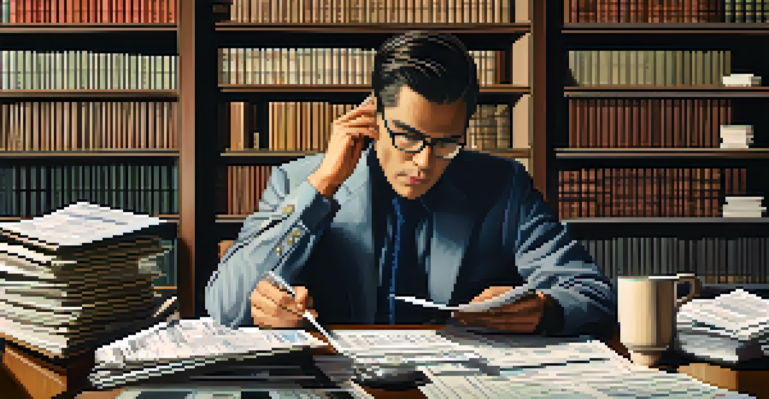 A close-up of a person calculating taxes with forms, receipts, and a calculator at a desk, displaying a focused expression.