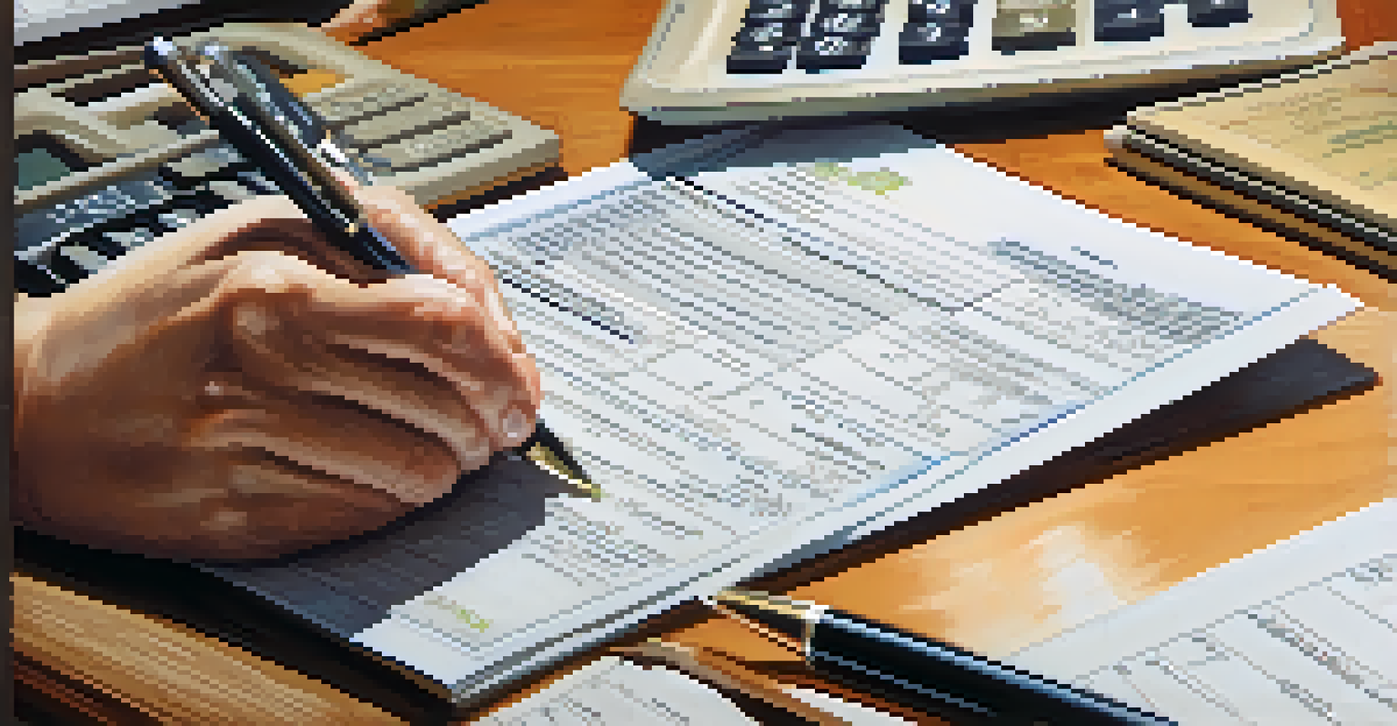 A close-up view of a hand writing on a tax form with a calculator and documents in the background, under warm lighting.