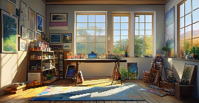A bright artist's studio with art supplies and a half-finished colorful landscape painting, illuminated by sunlight.