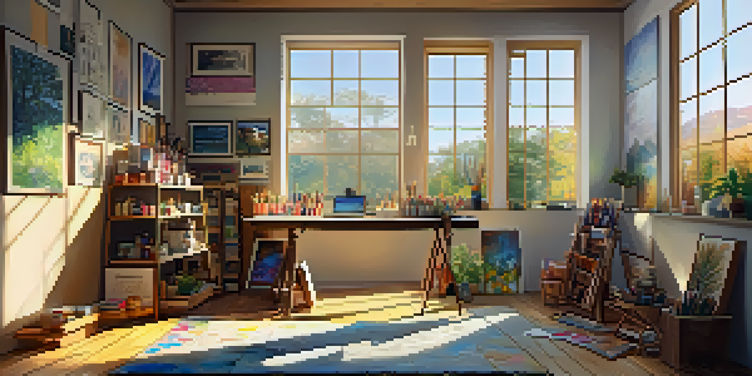 A bright artist's studio with art supplies and a half-finished colorful landscape painting, illuminated by sunlight.