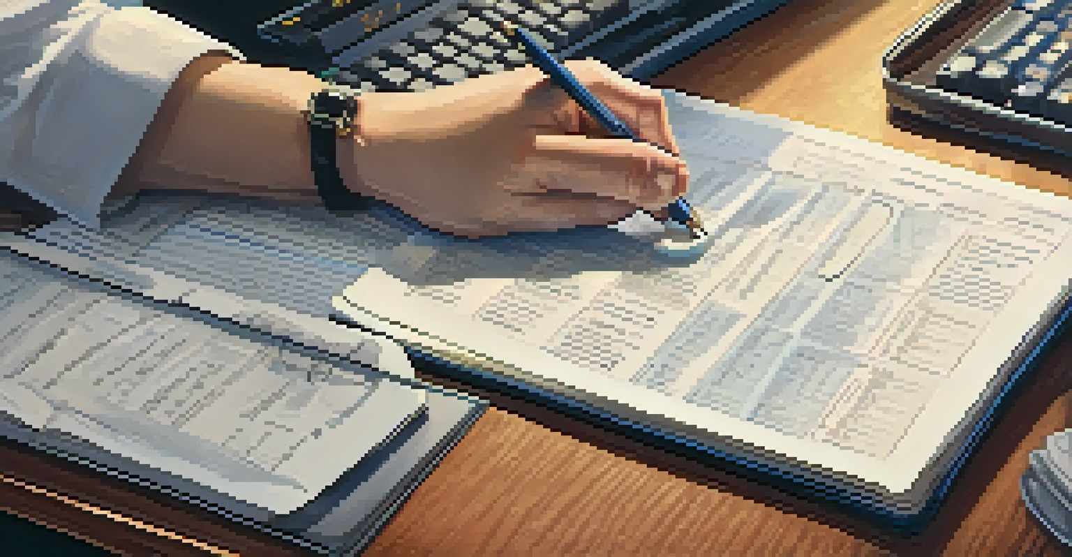 Close-up of hands on a keyboard with tax documents and notes about tax rights on a desk.