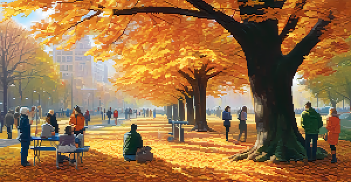 A park filled with people of different ages planting trees and collecting donations among colorful autumn leaves.
