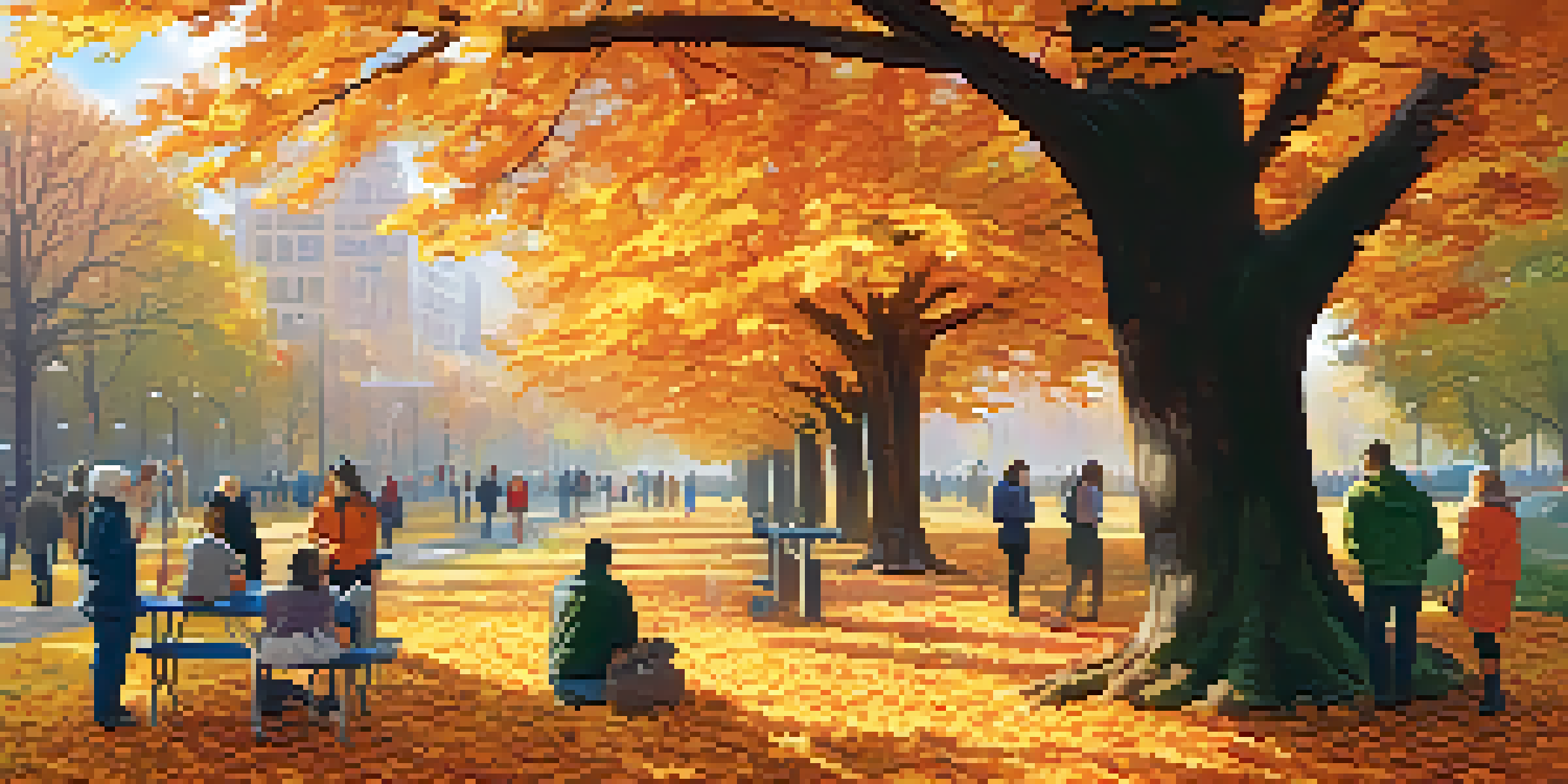 A park filled with people of different ages planting trees and collecting donations among colorful autumn leaves.