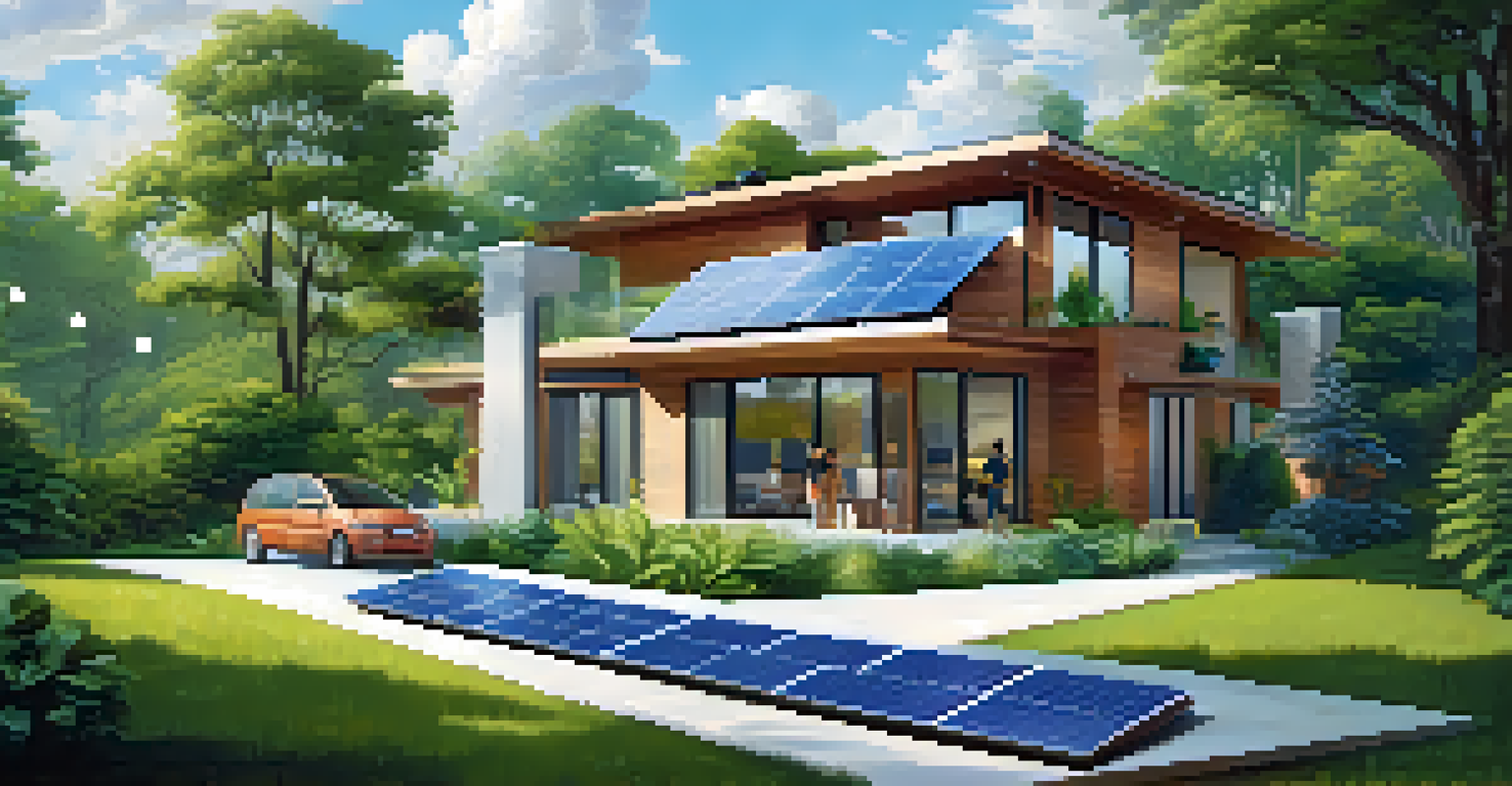 A modern home with solar panels on the roof, surrounded by greenery and a family enjoying the yard.