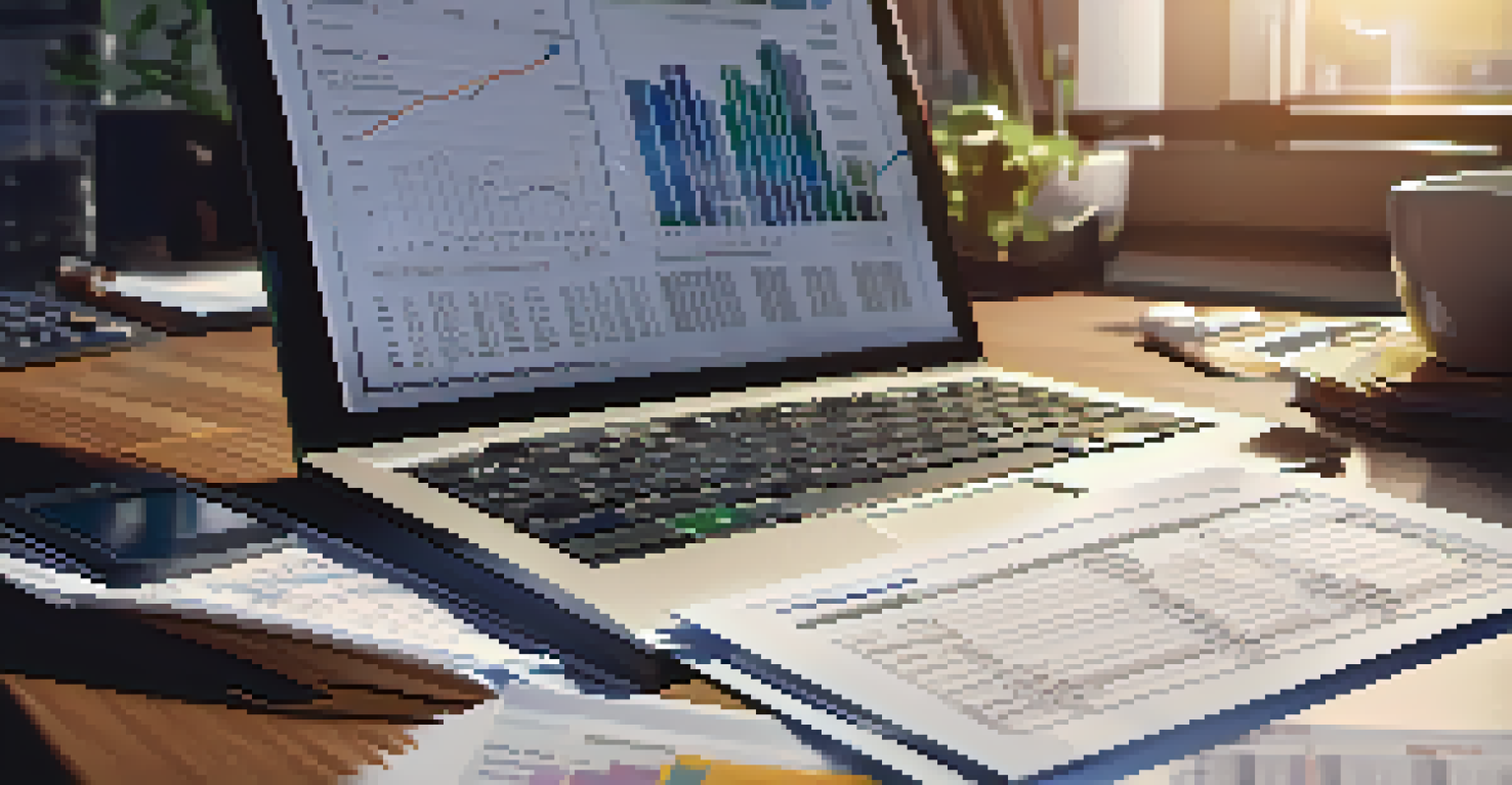 A close-up of a person analyzing financial documents with a calculator and laptop, with charts and graphs visible.