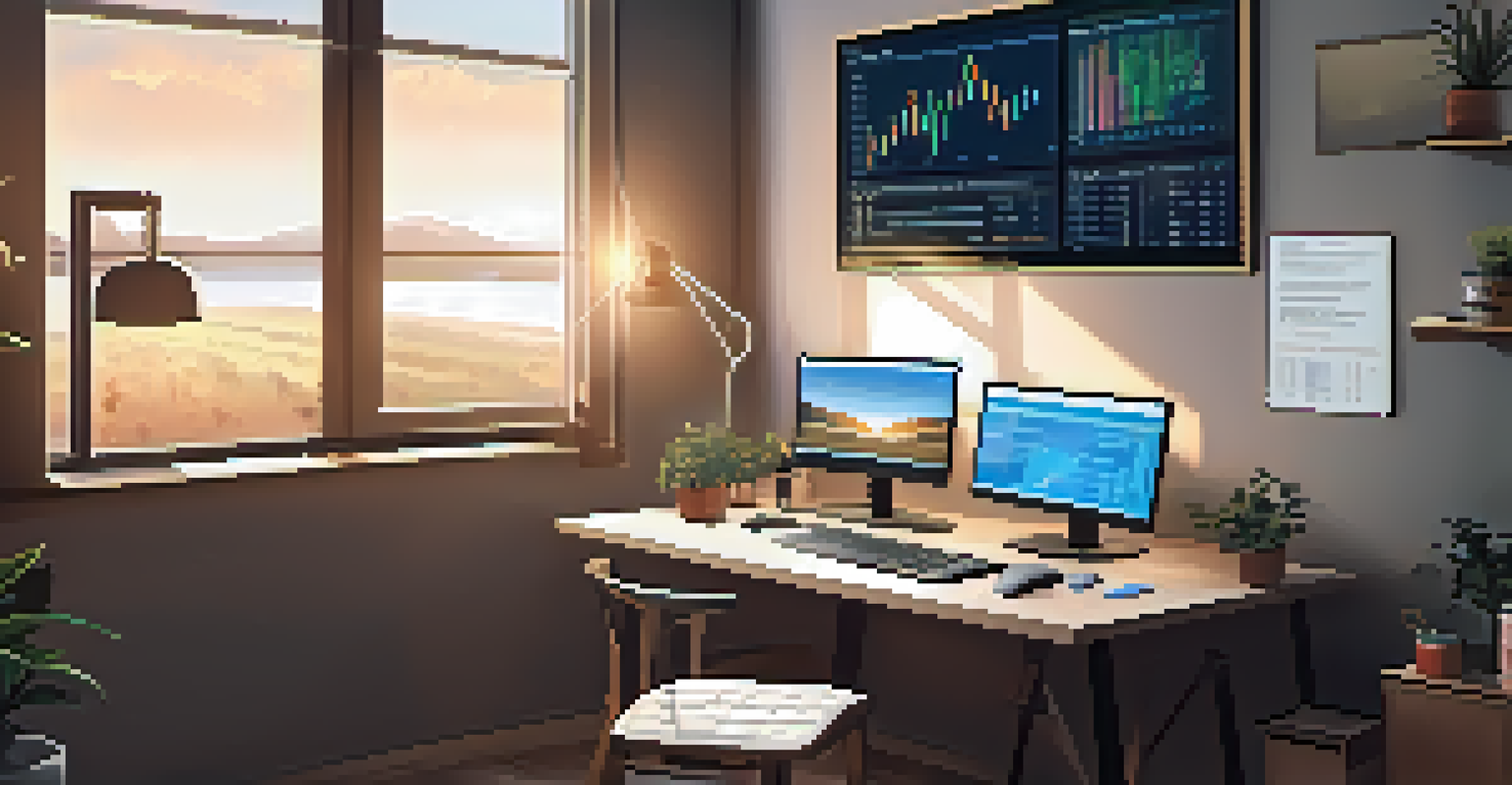 A workspace for cryptocurrency mining, with multiple monitors, a notebook, and a coffee mug, illuminated by natural light.