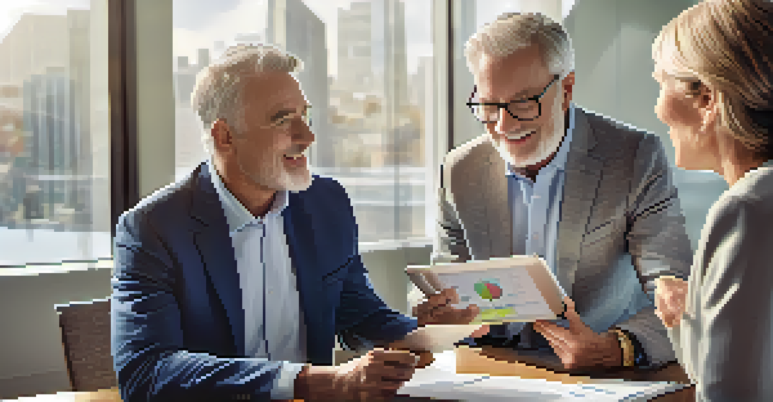 A financial advisor explaining retirement strategies to a couple using a tablet in a modern office.