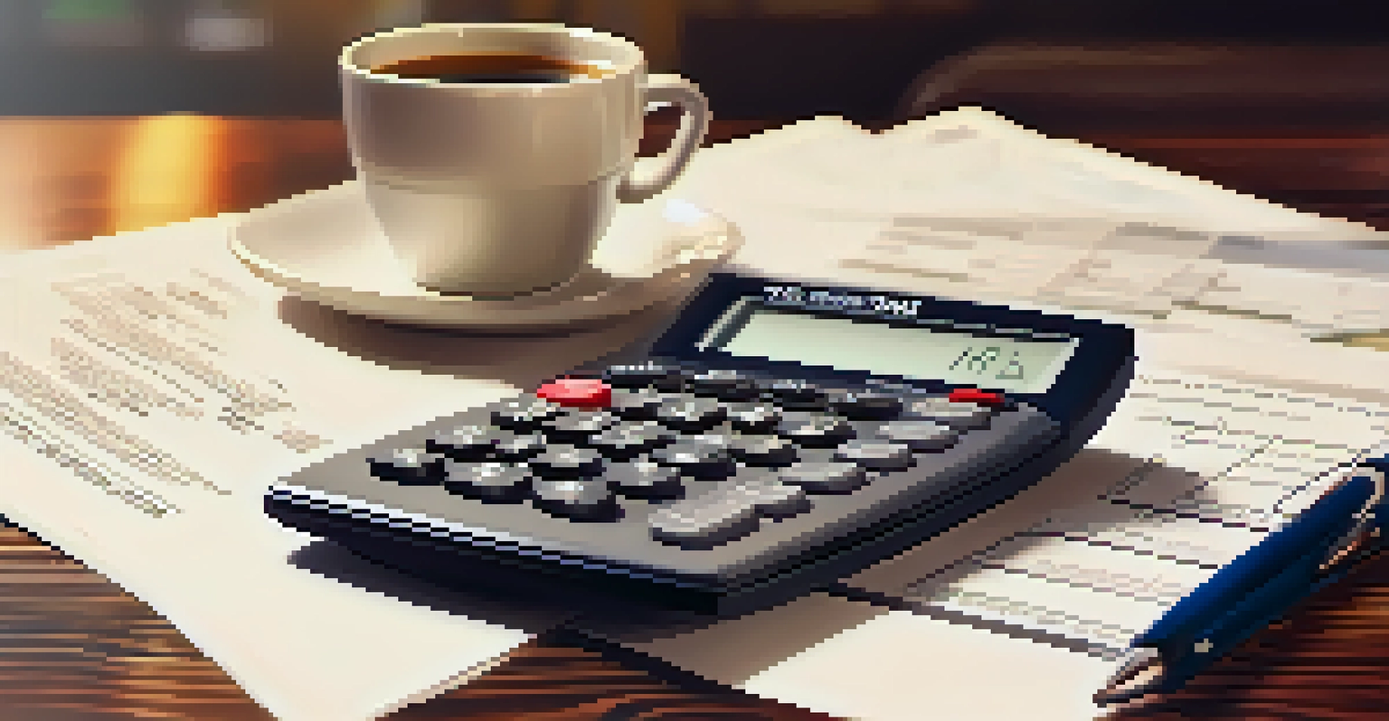 A close-up of corporate tax documents with a calculator, pen, and coffee cup on a wooden table.