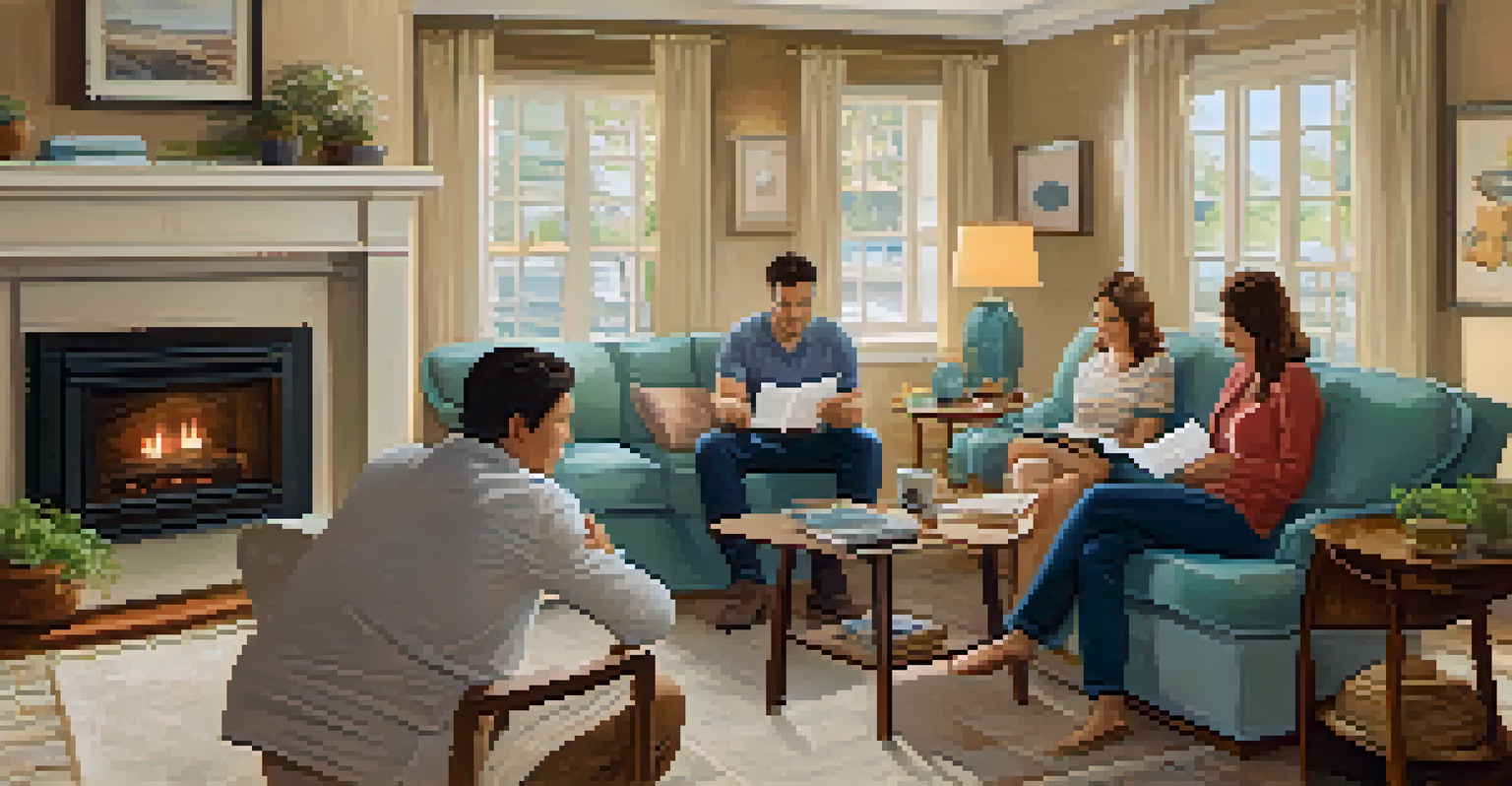 A family gathered in a cozy living room, discussing finances over papers and a calculator on the coffee table.