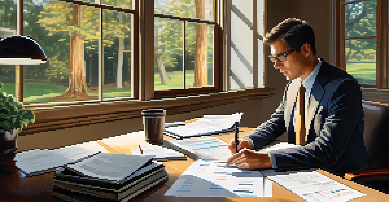 An accountant reviewing financial documents at a desk, with spreadsheets and a laptop, illuminated by warm lighting and a view of a tree outside.