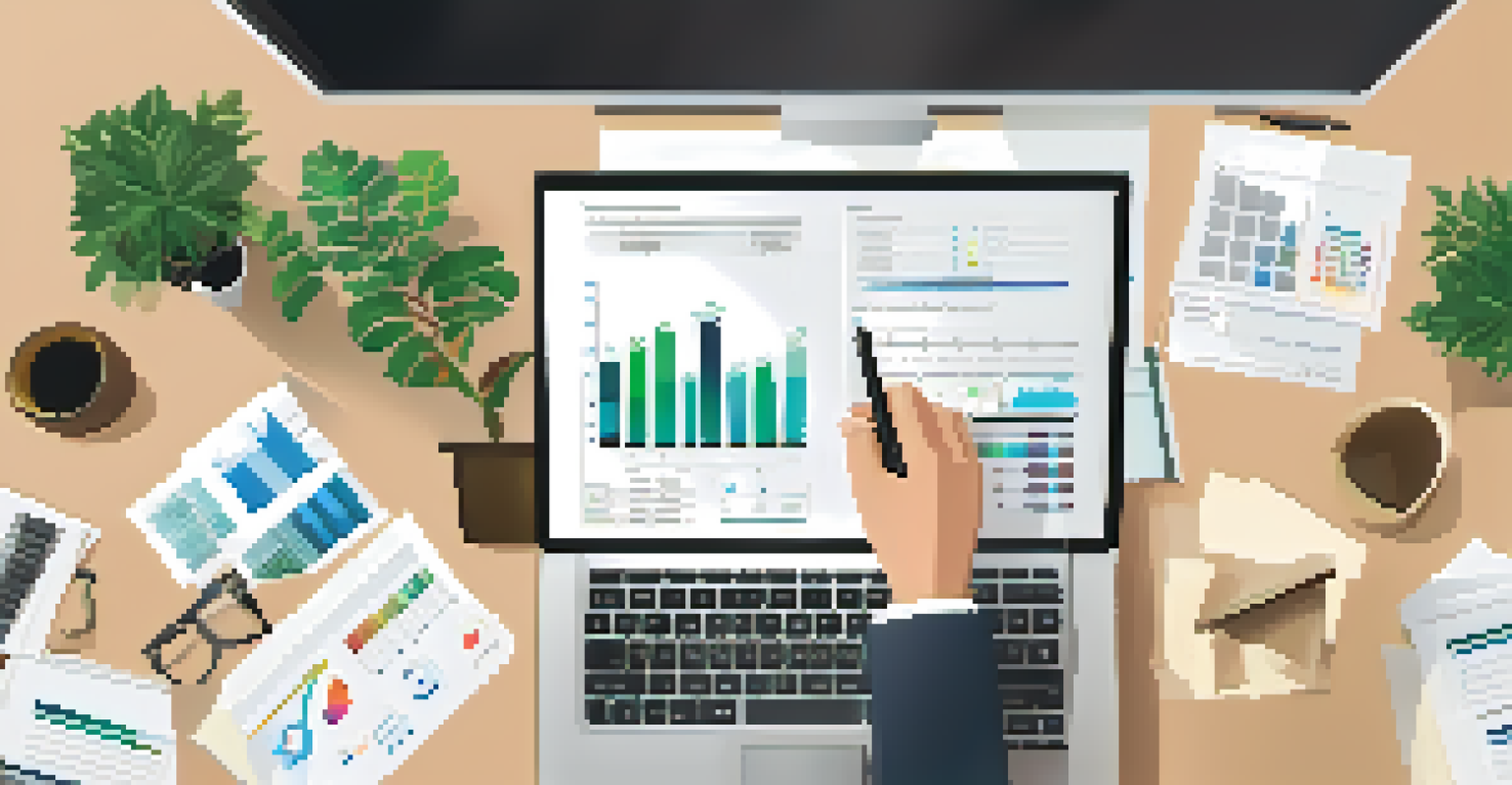 A financial advisor's hands sorting through documents and charts on a desk, with a laptop displaying graphs.