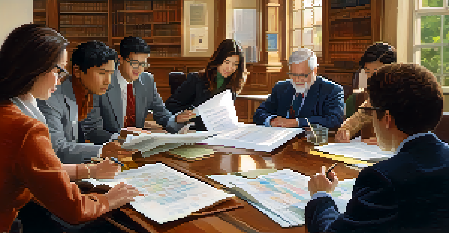 A diverse group of individuals discussing tax filing around a table, with charts and papers, in a bright setting.