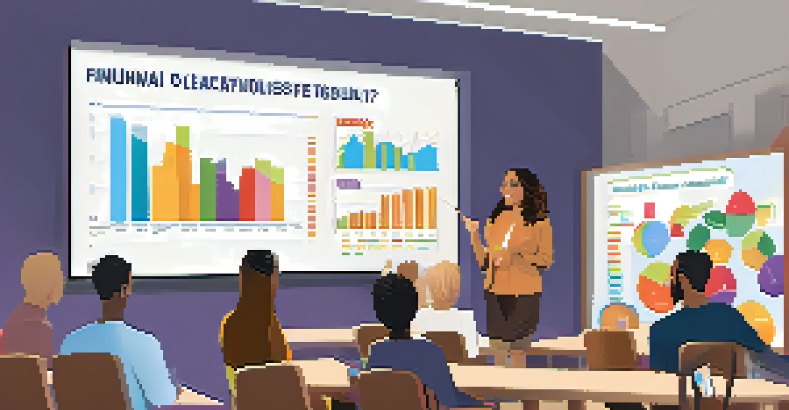 A diverse group of young adults in a financial literacy workshop, with a presenter and a large screen displaying financial charts.