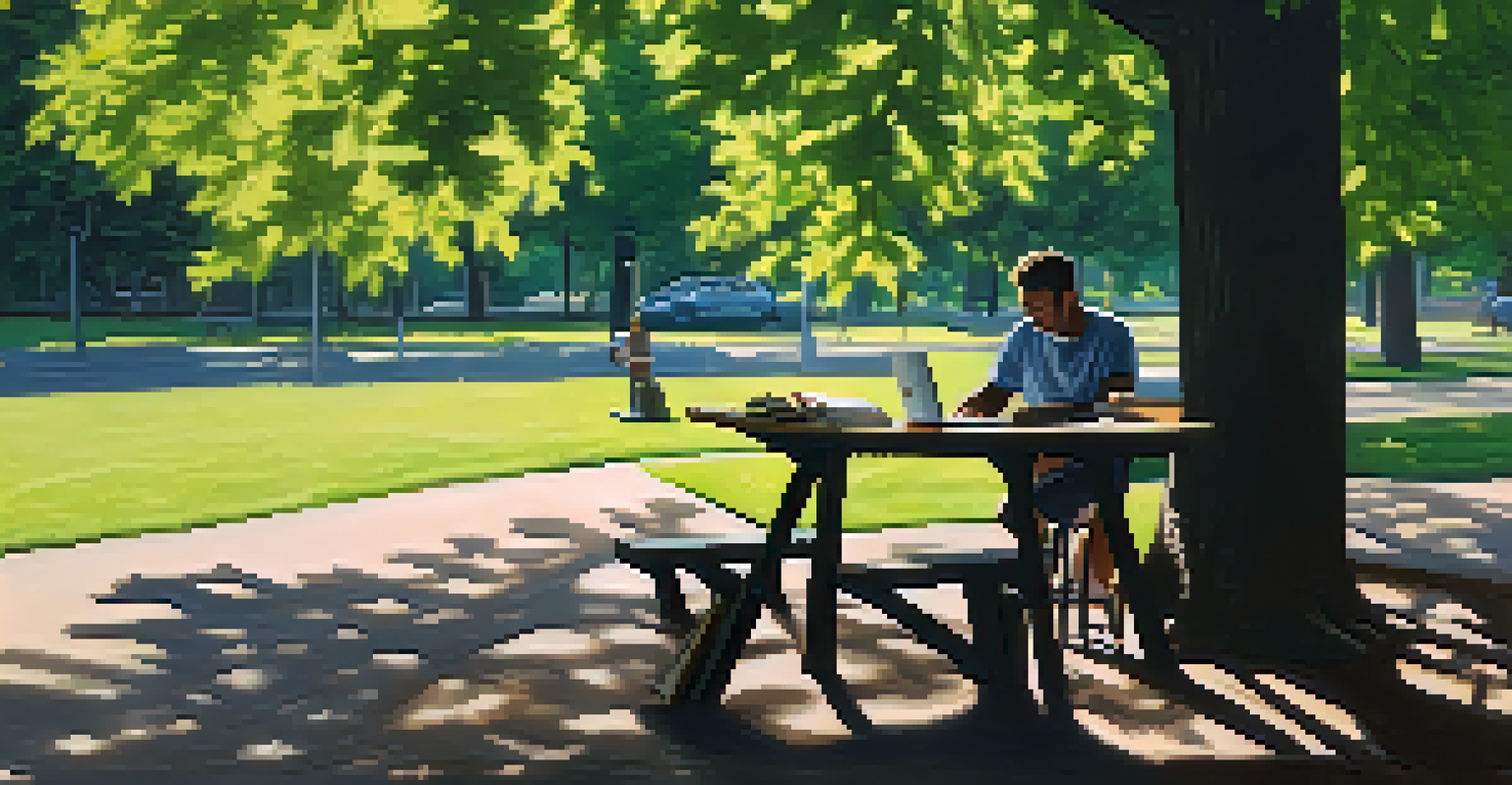 A gig worker using a laptop on a picnic table in a sunny park surrounded by trees.