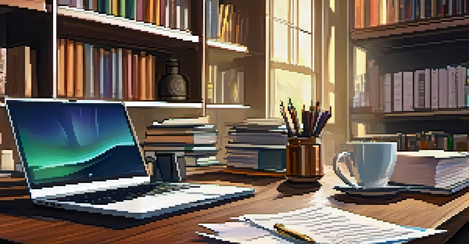 A writer's workspace with a laptop, notebook, and coffee cup, surrounded by books, warmly lit for a productive atmosphere.
