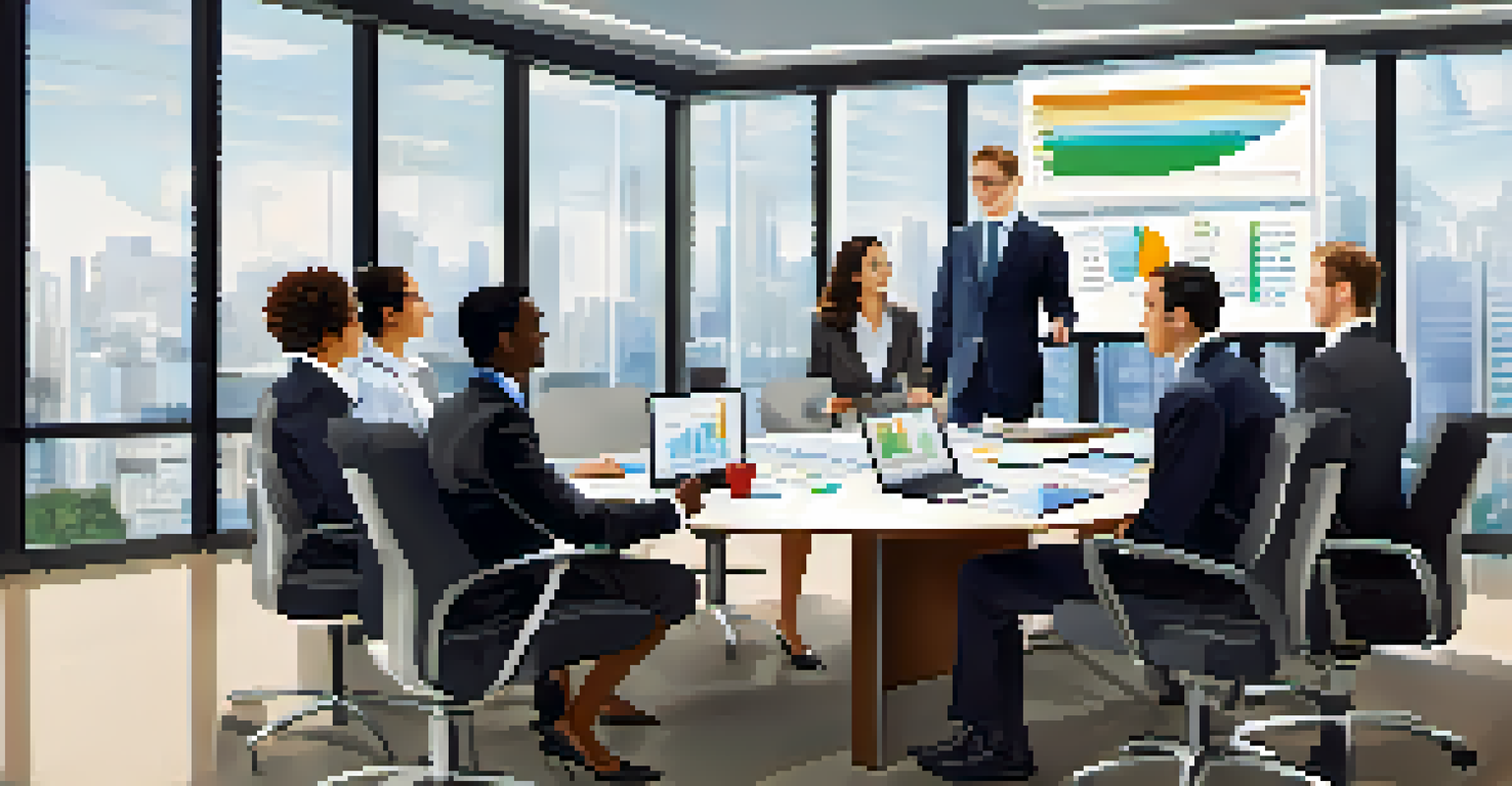 A group of diverse professionals in a conference room discussing financial documents and viewing charts on a screen.