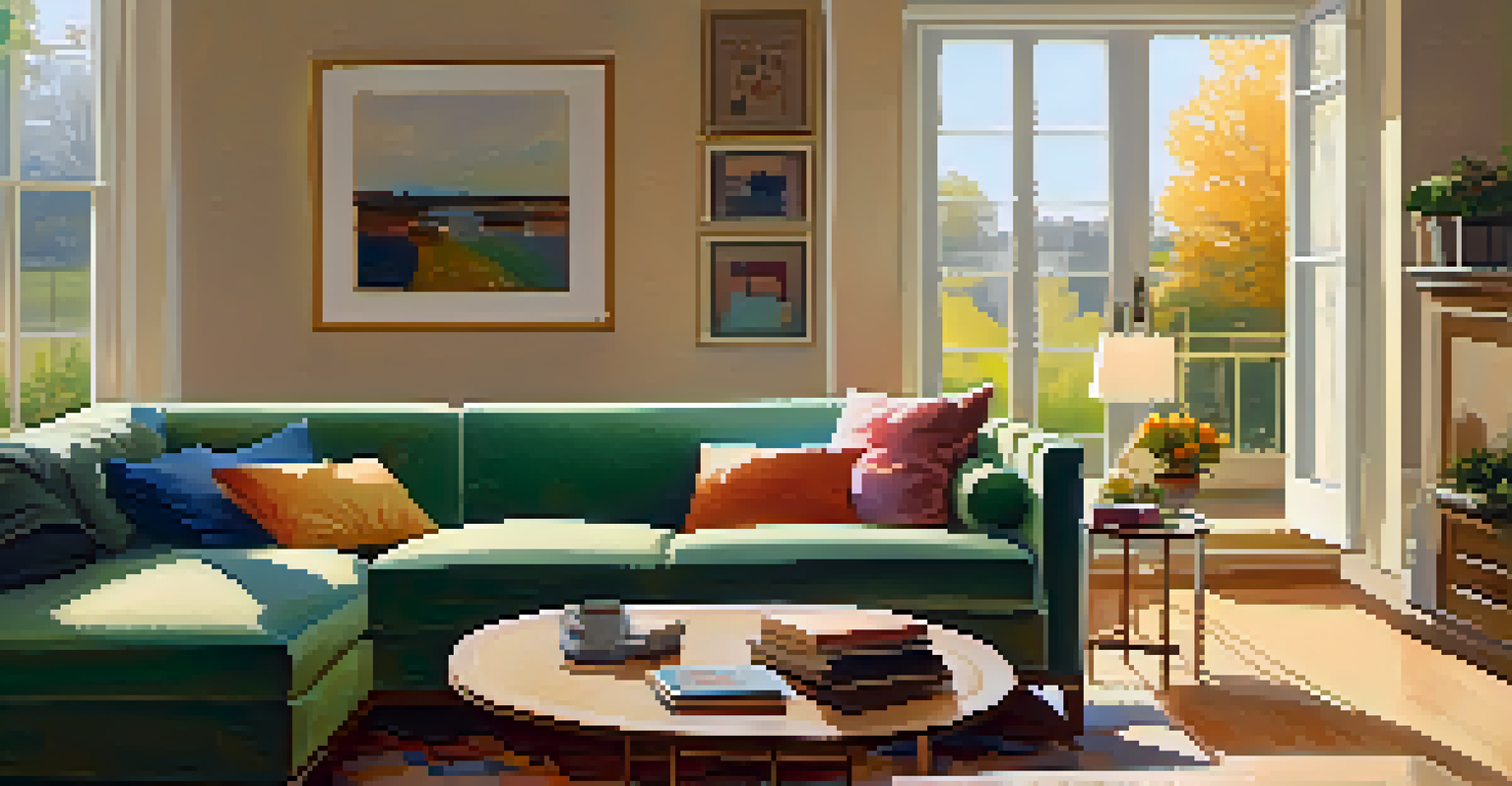 A cozy living room with a sofa, colorful throw pillows, a coffee table with a cup of coffee and books, and warm golden light.