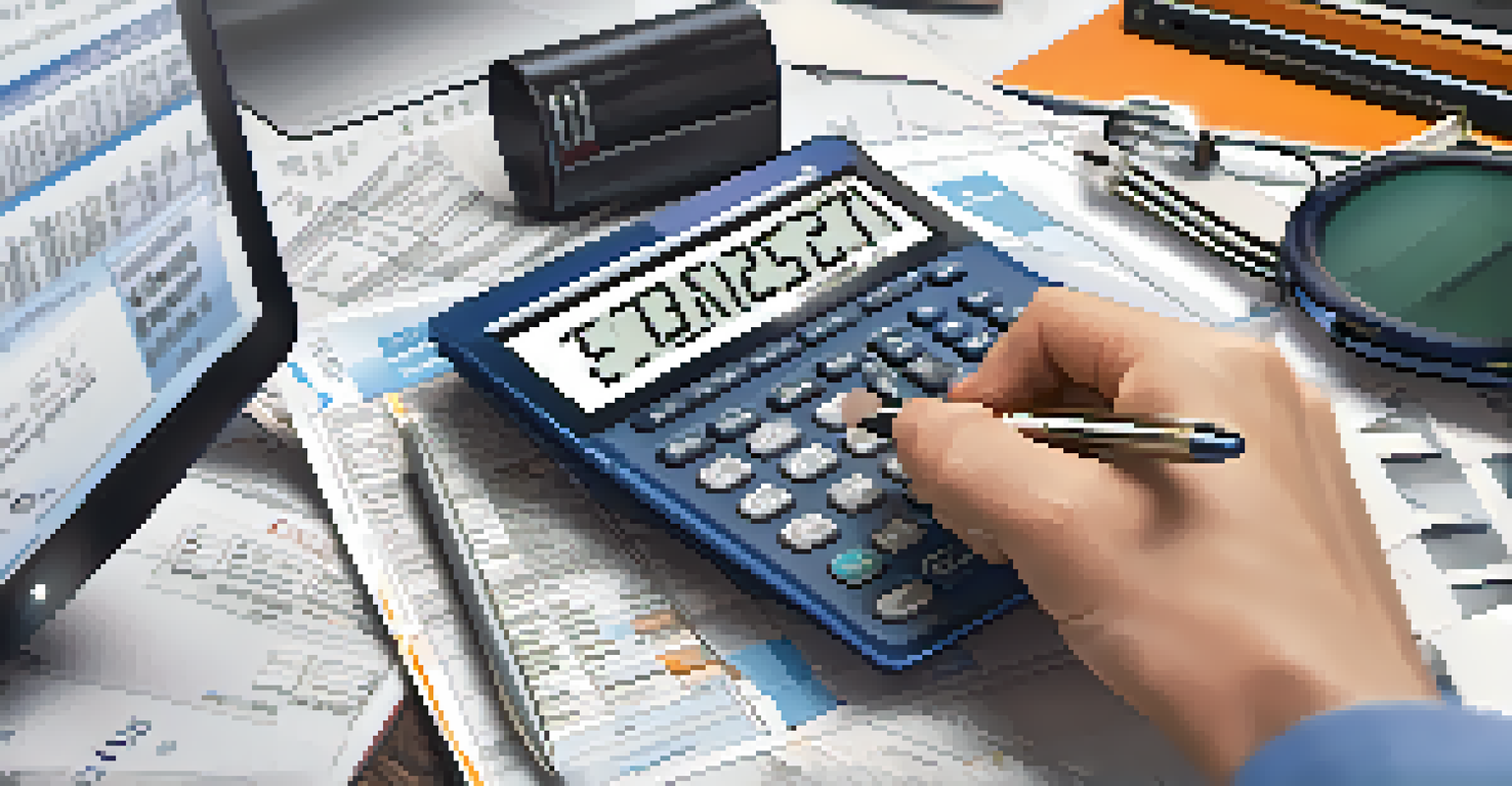 A close-up of hands with a calculator and receipts, emphasizing record-keeping for rental properties.