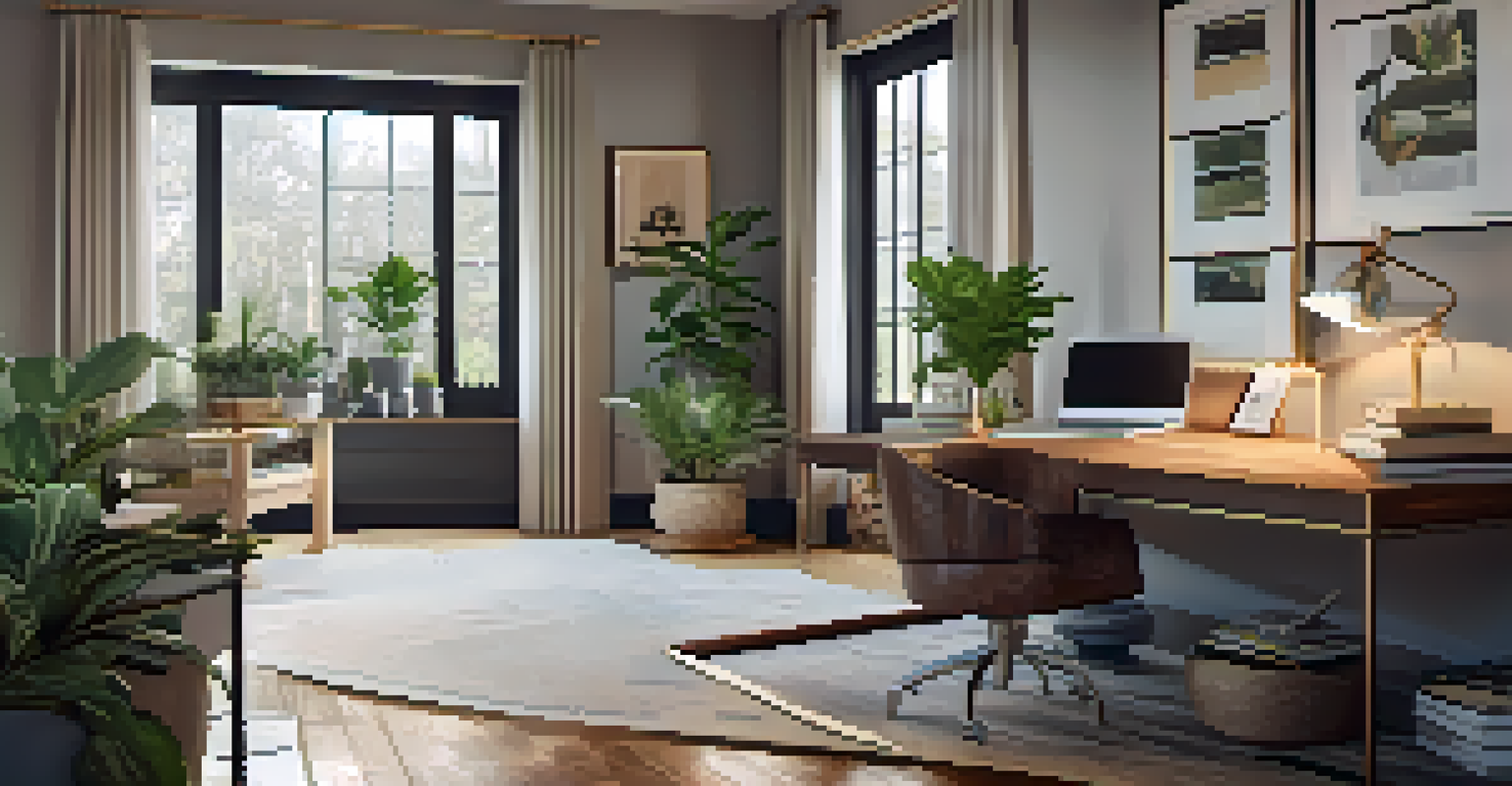 A stylish home office with a wooden desk, laptop, coffee, and plants, bathed in natural light.