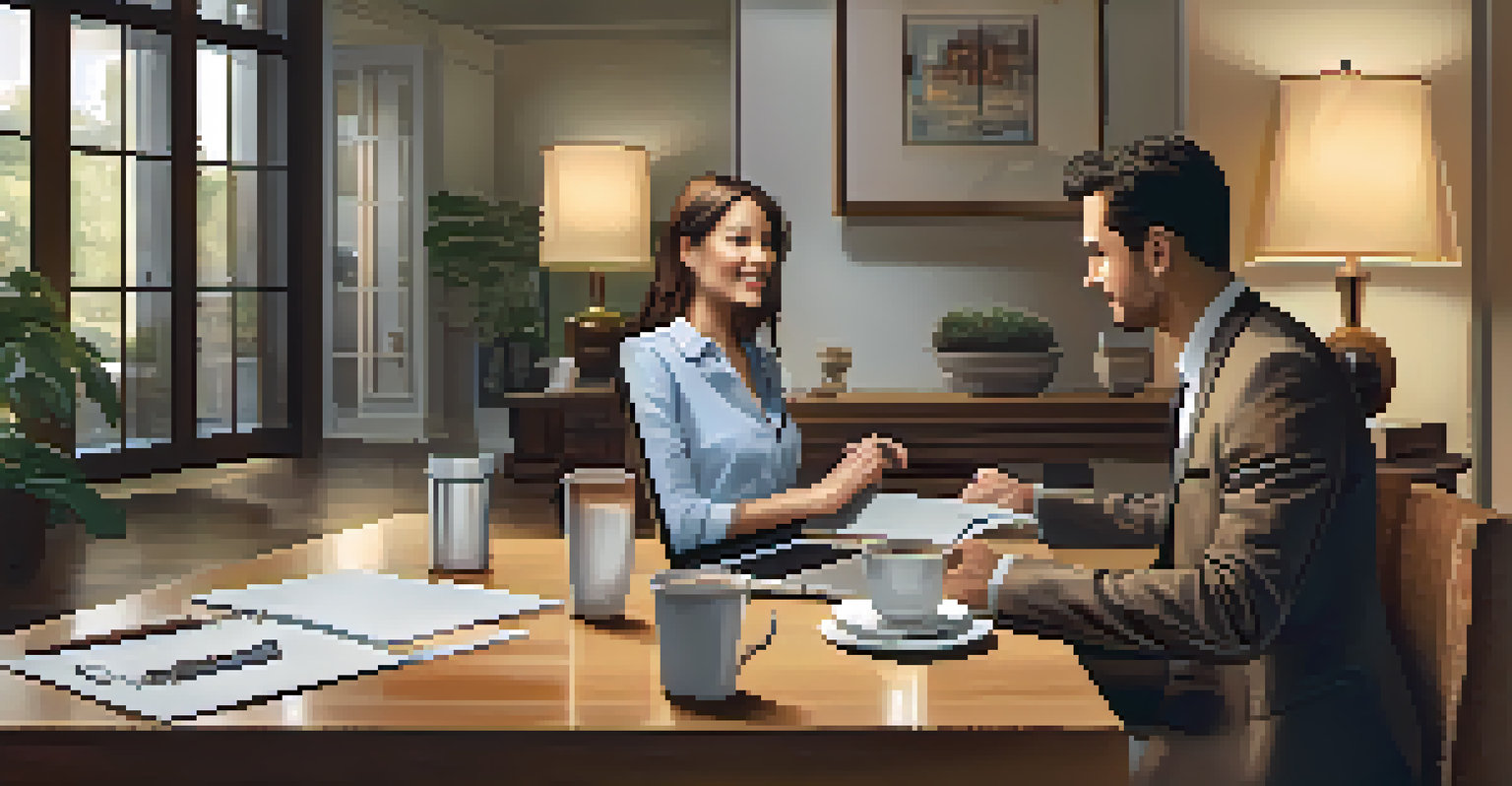 A couple discussing finances at a dining table with a laptop and documents, creating a warm and inviting atmosphere.