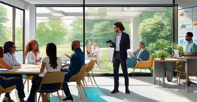 A diverse group of people engaged in a discussion about healthcare options in a bright office with natural light, surrounded by brochures and a laptop.