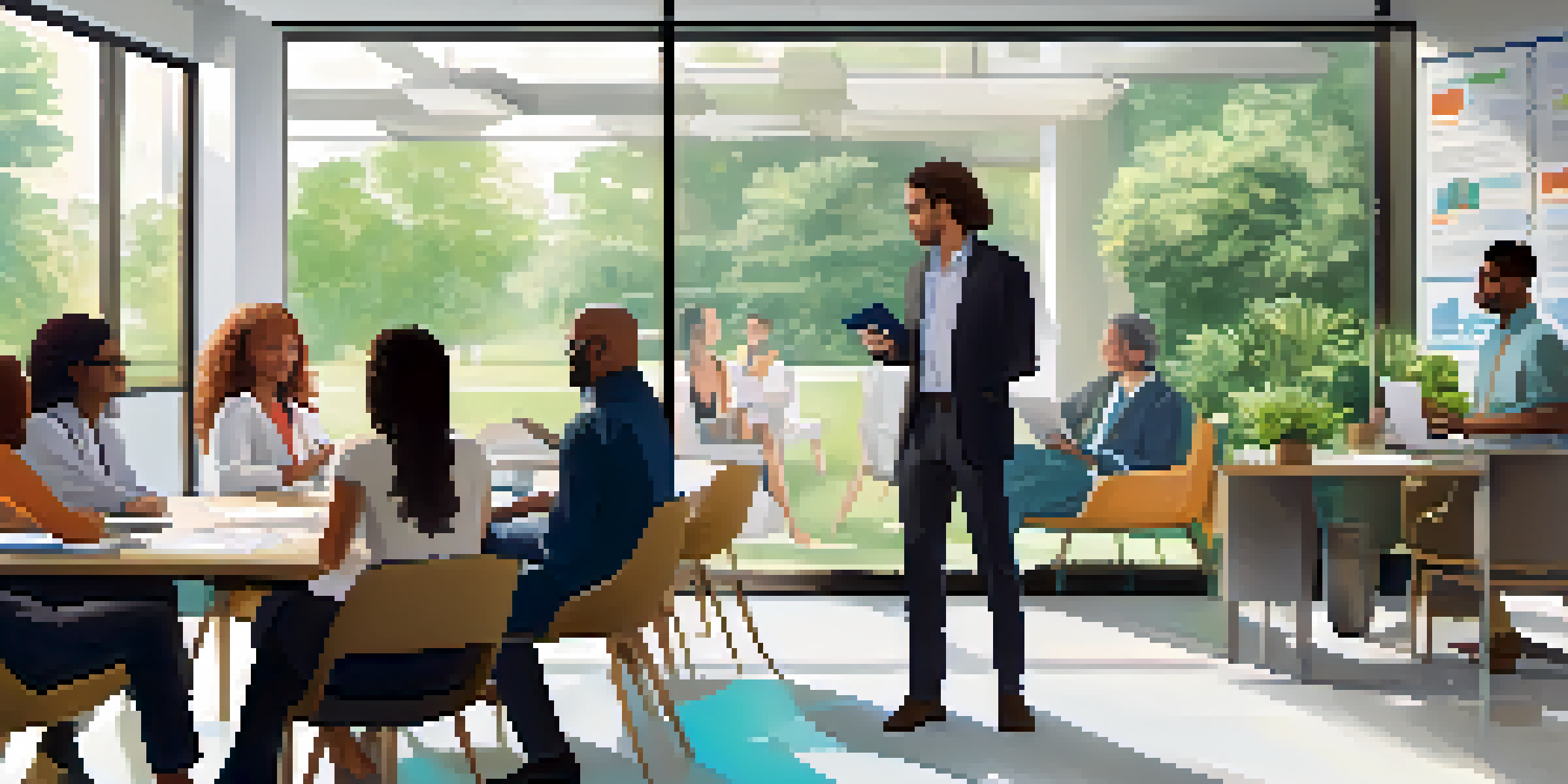 A diverse group of people engaged in a discussion about healthcare options in a bright office with natural light, surrounded by brochures and a laptop.