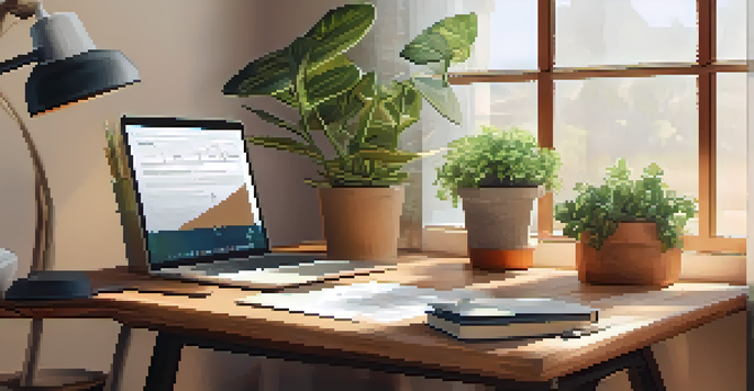 A cozy home office with a wooden desk, laptop, tax documents, and a potted plant, illuminated by natural light.
