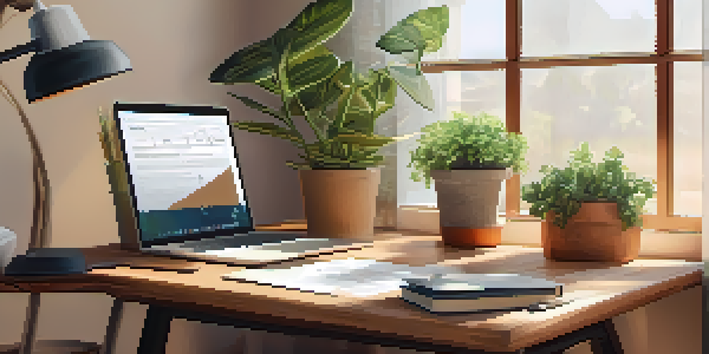 A cozy home office with a wooden desk, laptop, tax documents, and a potted plant, illuminated by natural light.