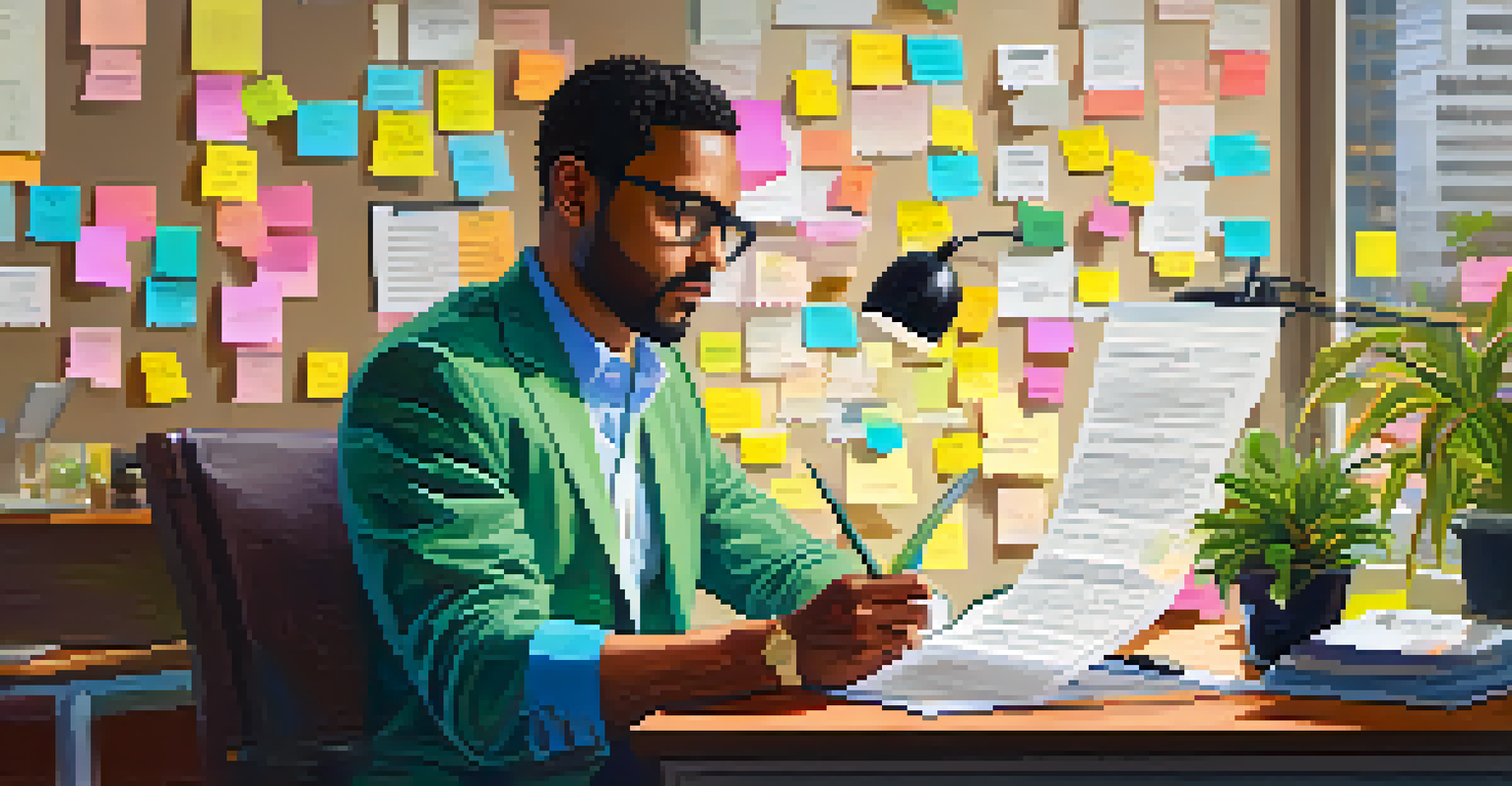 An individual at a desk reviewing a document on employee stock options, surrounded by sticky notes and a laptop.